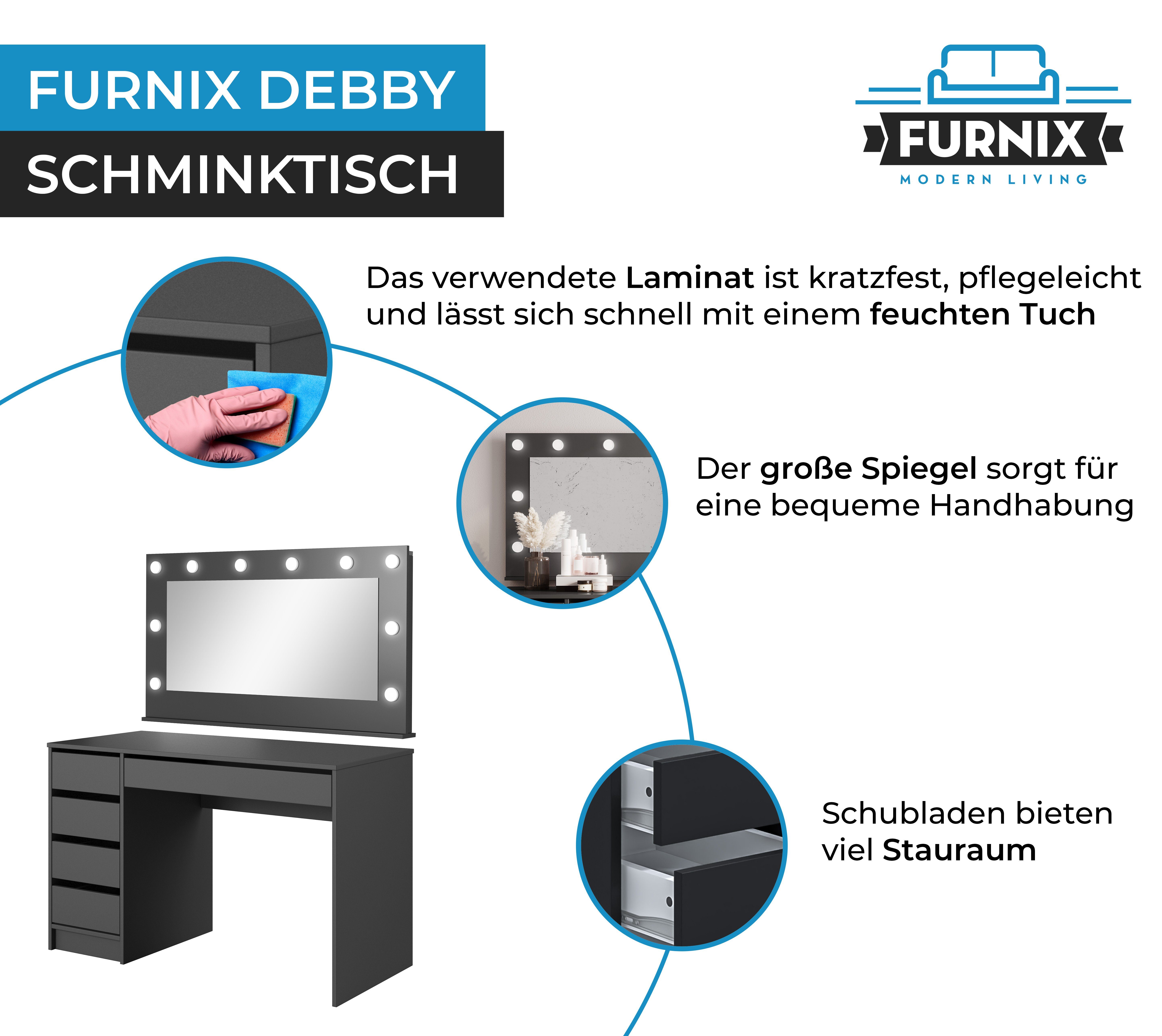 Furnix Schminktisch DEBBY made x Spiegel Anthrazit pflegeleicht, Schublade H75 in T55 ohne Ablagen geräumig, x cm, EU B120 LED-Beleuchtung