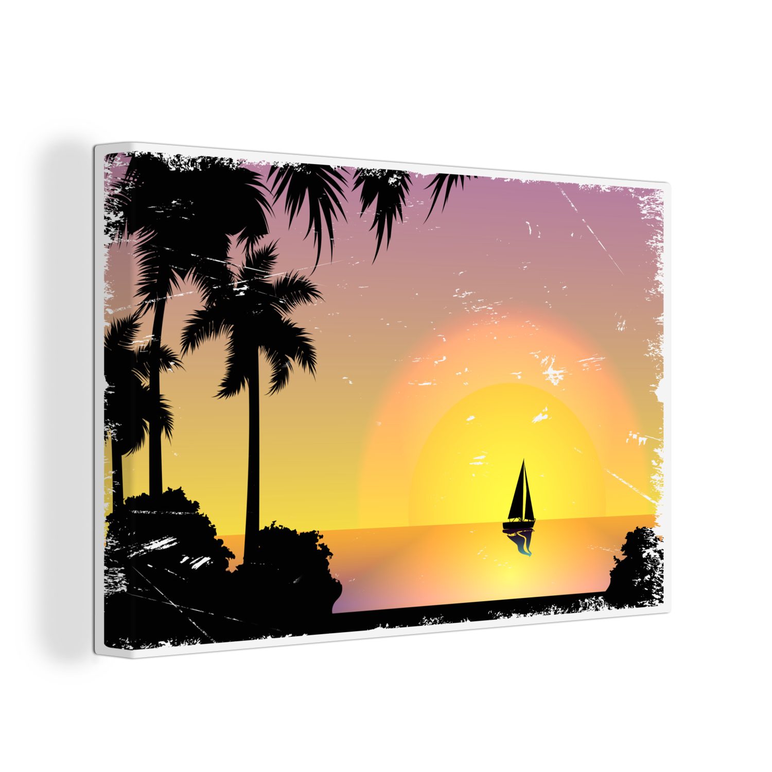 OneMillionCanvasses® Leinwandbild Segelboot - Palme - Sonne, (1 St), Wandbild Leinwandbilder, Aufhängefertig, Wanddeko, 30x20 cm
