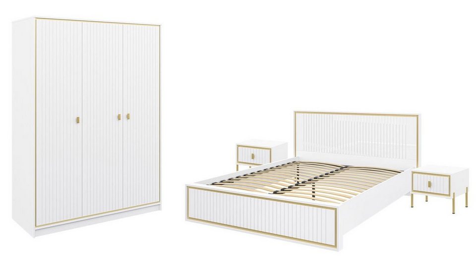 Feldmann-Wohnen Schlafzimmer-Set Luxor, 4-teilig polarweiß Hochglanz Gold,  - 1 Kleiderschrank - 1 Bett - 2 Nachtkonsolen
