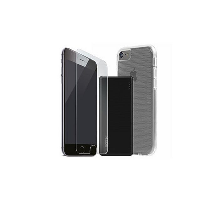 SKECH Smartphone-Hülle Skech Matrix Zubehör Pack 3in1 Silikon Hülle Bumper + 9H Schutzglas Echt Glas Transparent für iPhone 7 5000mAh PowerBank