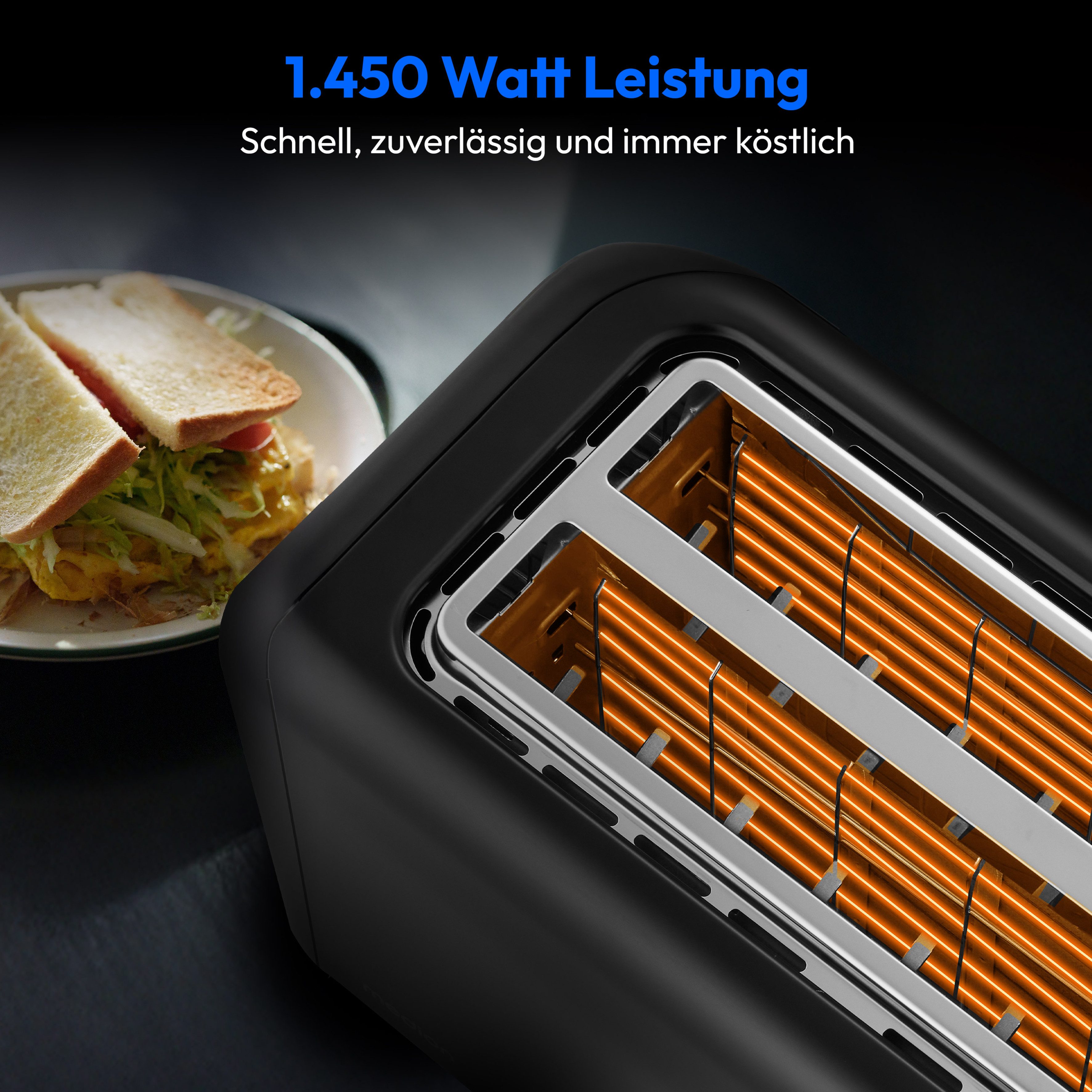 Medion® Toaster Langschlitztoaster, MD12103, LED Sensor-Touch-Display, 2 lange Schlitze, für 4 Scheiben, 1450 W, abnehmbarer Brötchenaufsatz