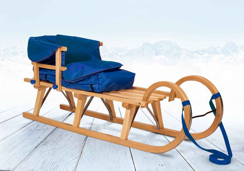 Rodelberg Hornschlitten Rodelberg® Hörner-Schlitten Holz 115 cm, Zuggurt, Lehne, Fußsack Blau