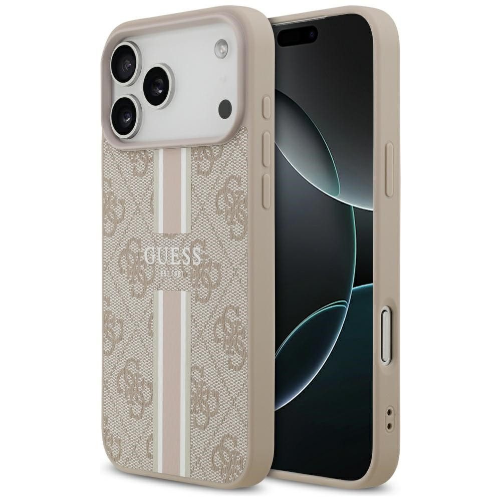 Guess Handyhülle Case iPhone 17 Pro Max MagSafe Kunstleder rosa Logo Streifen 6,9 Zoll, Kantenschutz