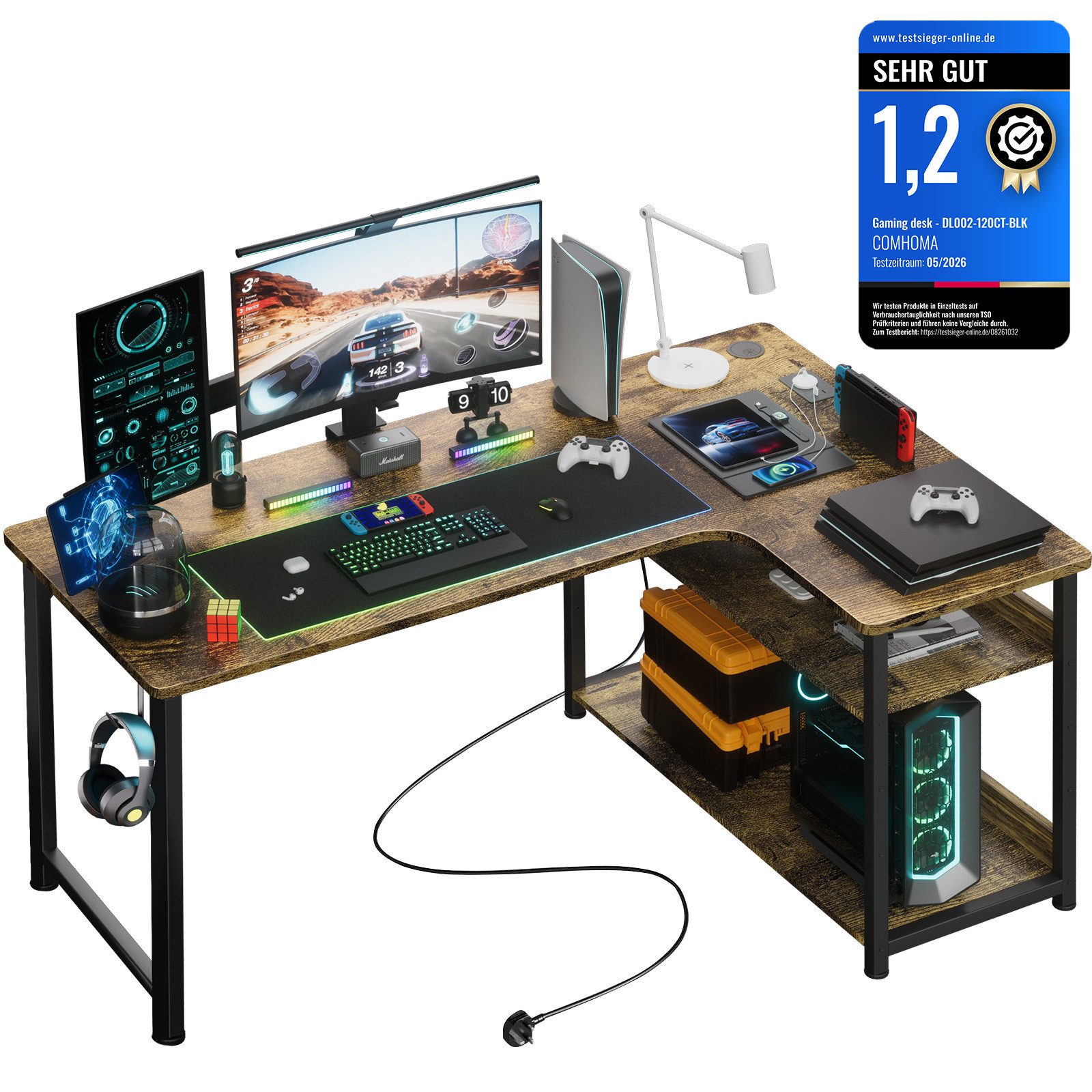 Schreibtisch Gaming Tisch Eckschreibtisch mit Regal USB-Ladeanschluss und Steckdose