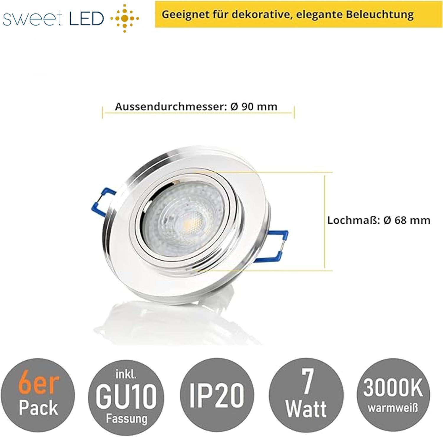 Sweet LED LED Einbaustrahler 6er SET Glas GU10 530lm 7W 230V LED Deckenspots 3000K Transparent Rund, 3000K, Warmweiß, Deckenspots, Ø 90 mm, Einbauleuchten