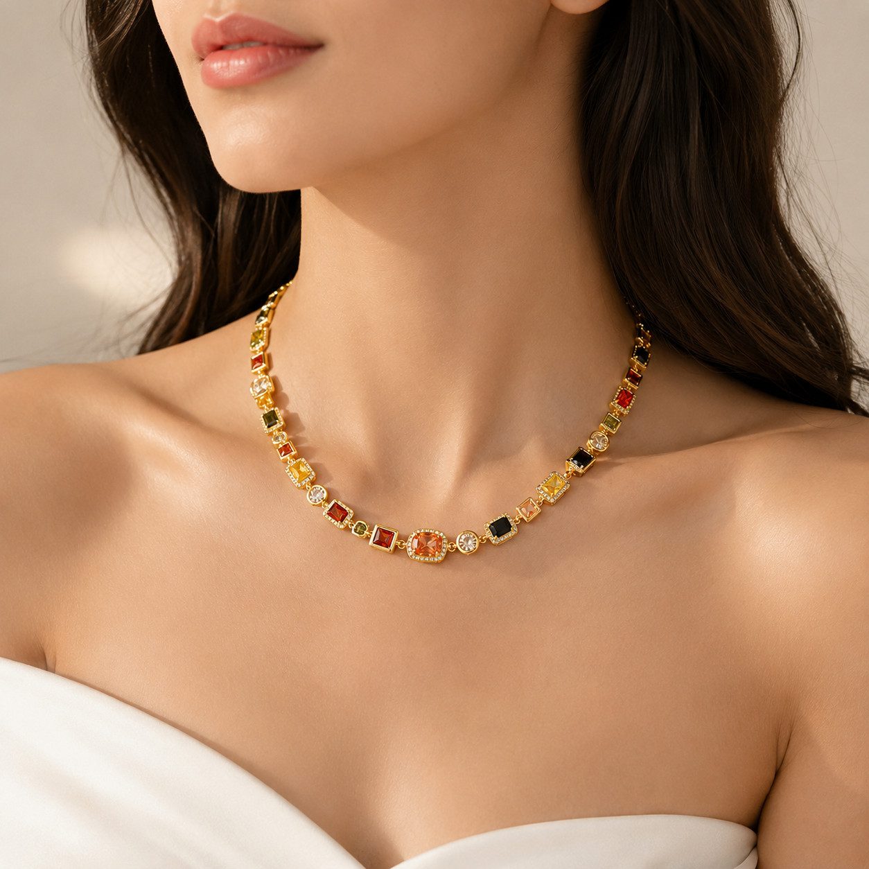 RAIKOU Collier Damen Zirkonia Schmuckset, Halskette /Armband, gold/silberfarben, Farbige Zirkonia-Steine – Bild 4 von 4