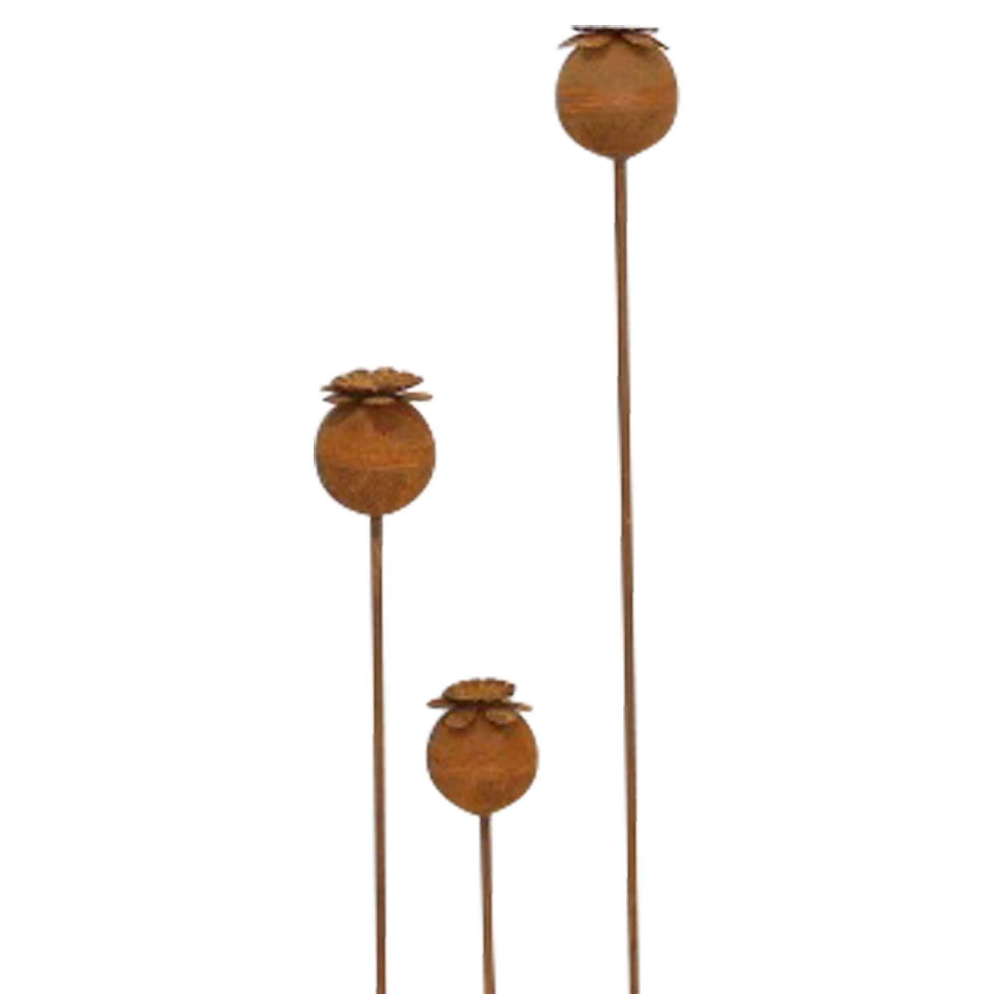 Dekoleidenschaft Gartenstecker "Mohn" Metall mit Rost Finish, rostige Outdoor Metalldeko, Gartendeko (3-St., im Set) Roststecker 60 + 80 + 100 cm hoch für Draußen