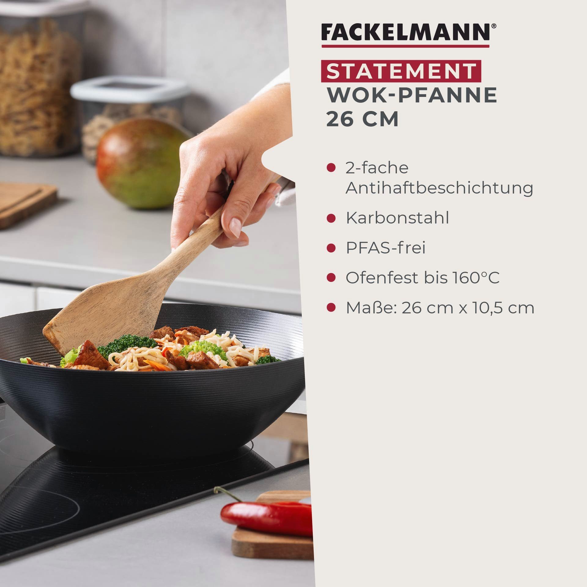 FACKELMANN Wok Antihaft-Wokpfanne, Karbonstahl-Wok, Asiatische Bratpfanne