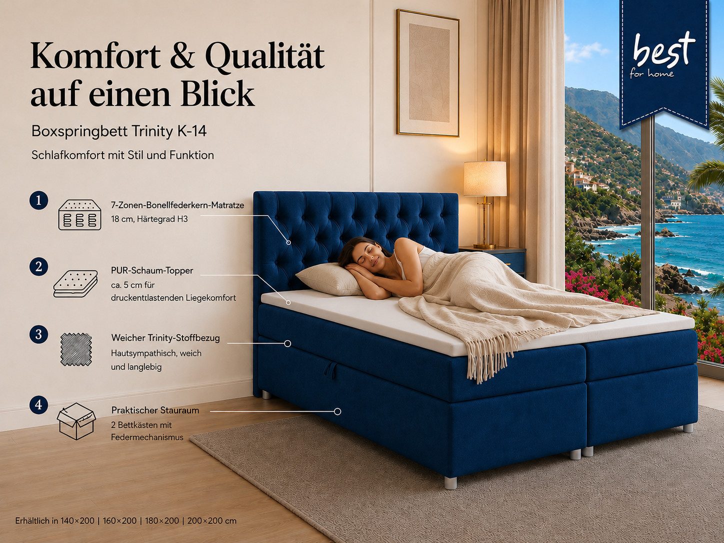 Best for Home Boxspringbett Boxspringbett Trinity K-14 7-Zonen Bonell 140–200 cm mit Stauraum (Boxspringbett-Set, 1-St., Bonell-Matratze, gepolstertes Kopfteil, Polsterbett versch. Größen), mit oder ohne Topper, Handwerksqualität