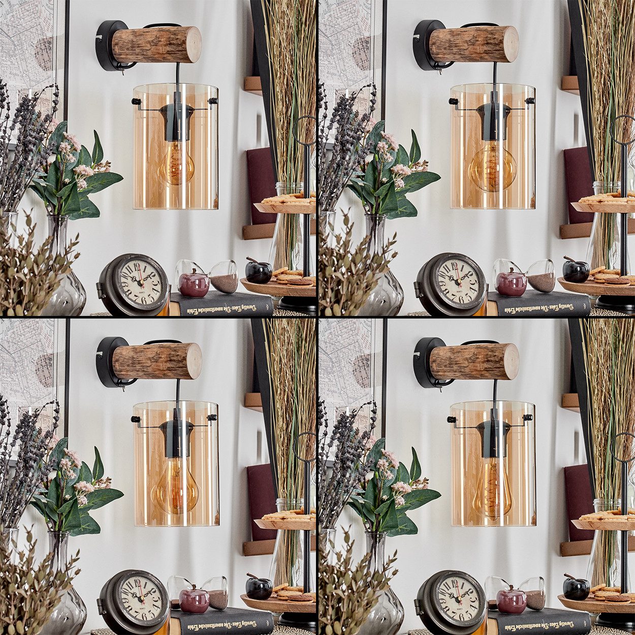 hofstein Wandleuchte Wandlampe aus Metall/Holz/Glas in Schwarz/Natur/Bernstein, ohne Leuchtmittel, mit Glasschirm (15 cm), An/-Auschalter, 1 x E27, ohne Leuchtmittel