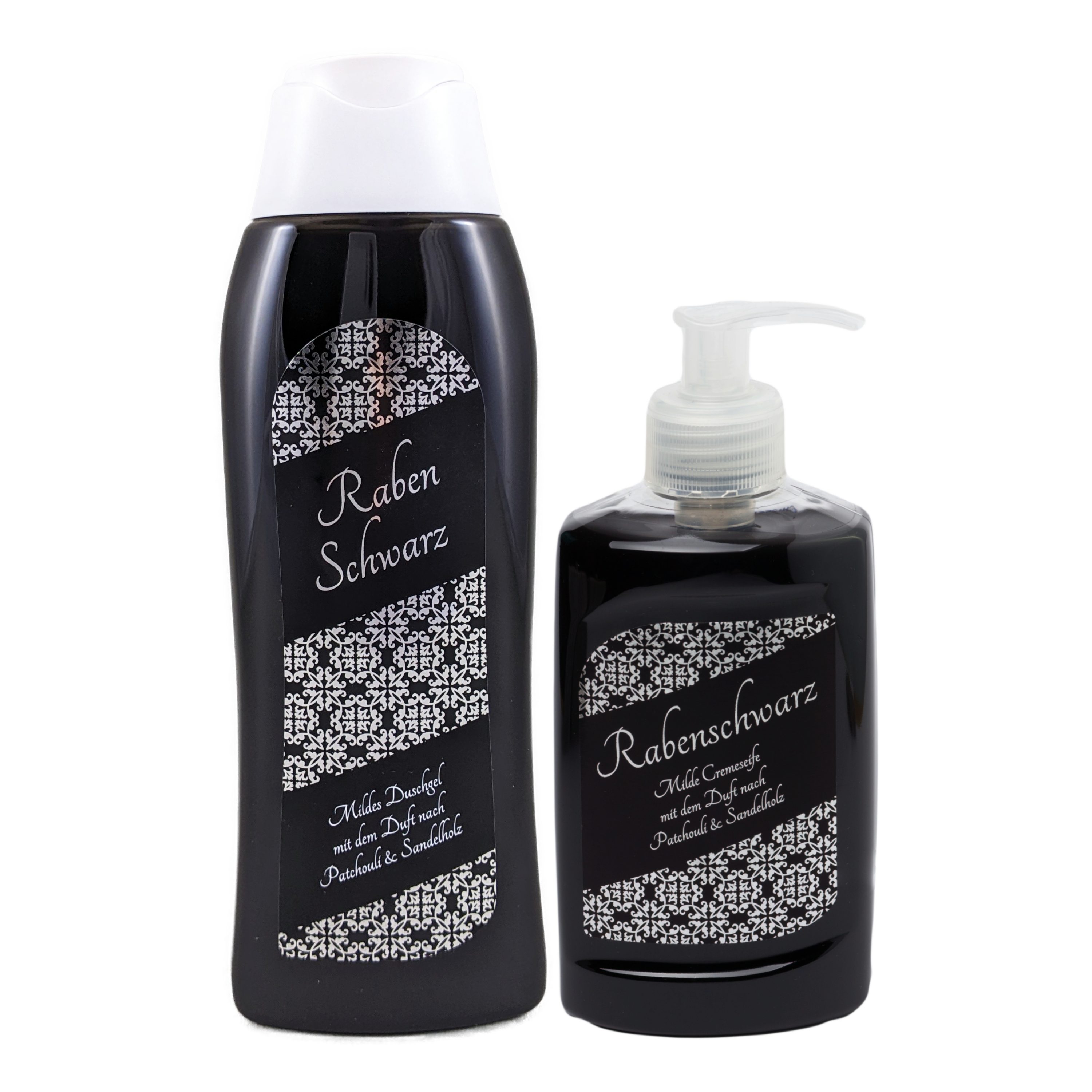 ≈petra Мыло-Set Rabenschwarz [je 300 ml] Duschgel & Cremeseife, ≈petra Manufaktur, schwarz mit schwerem, erdigen Duft nach Patchouli und Sandelholz