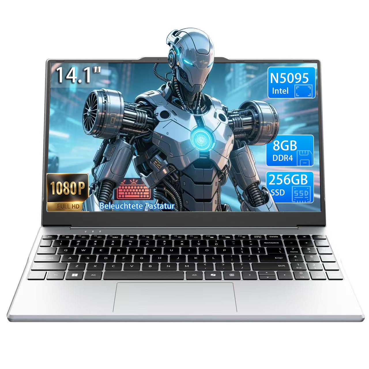 Molegar 14,1" FHD Laptop, Intel N5095, 8GB RAM, 256GB SSD. Notebook (35,8 cm/14.1 Zoll, Intel, Intel UHD-Grafik, 256 GB SSD, 4h Akku, leicht & kompakt. Viele Anschlüsse, ideal für Büro/Studium)