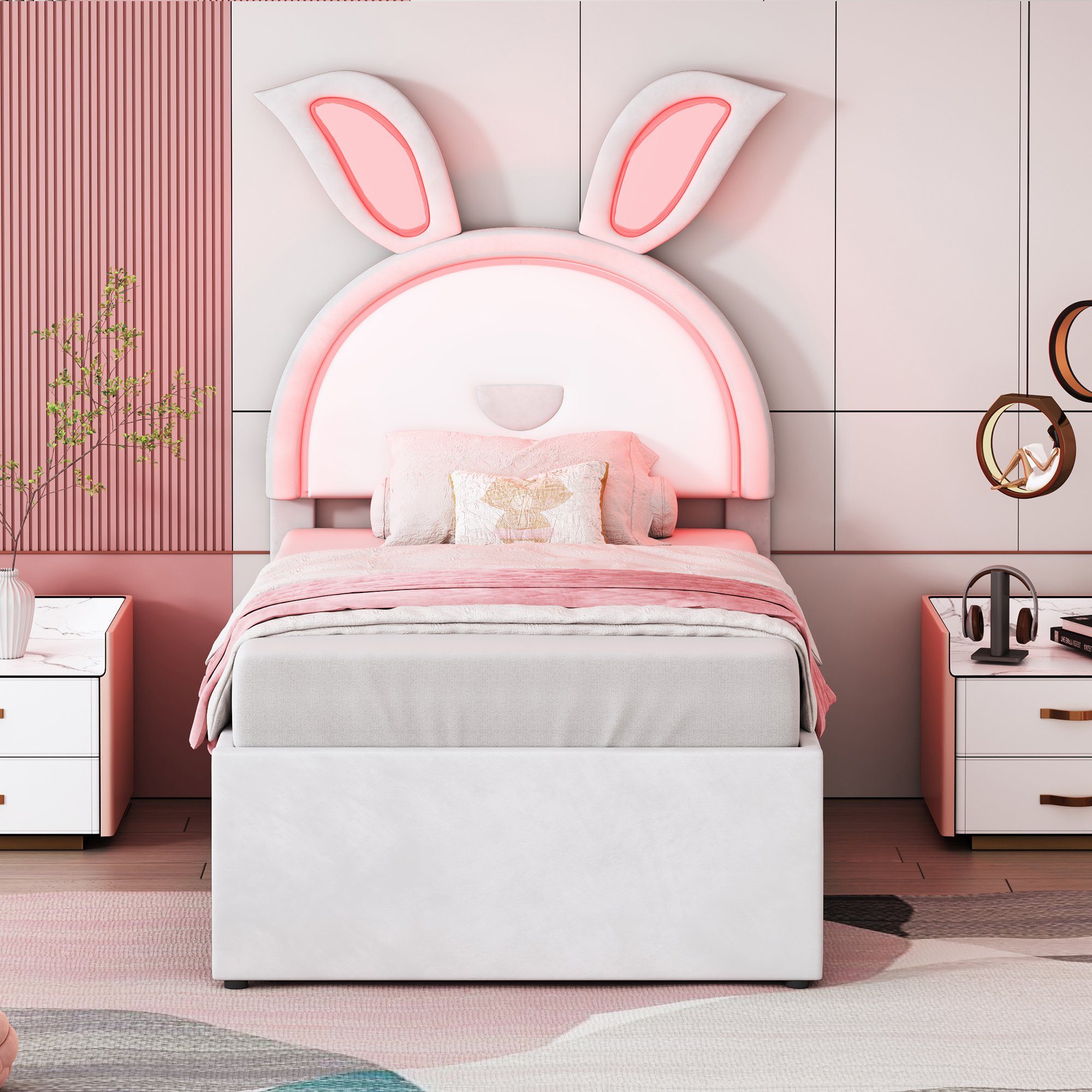 Flieks Polsterbett, LED Kinderbett 90x200cm mit Schubladen/ausziehbarem Bet günstig online kaufen