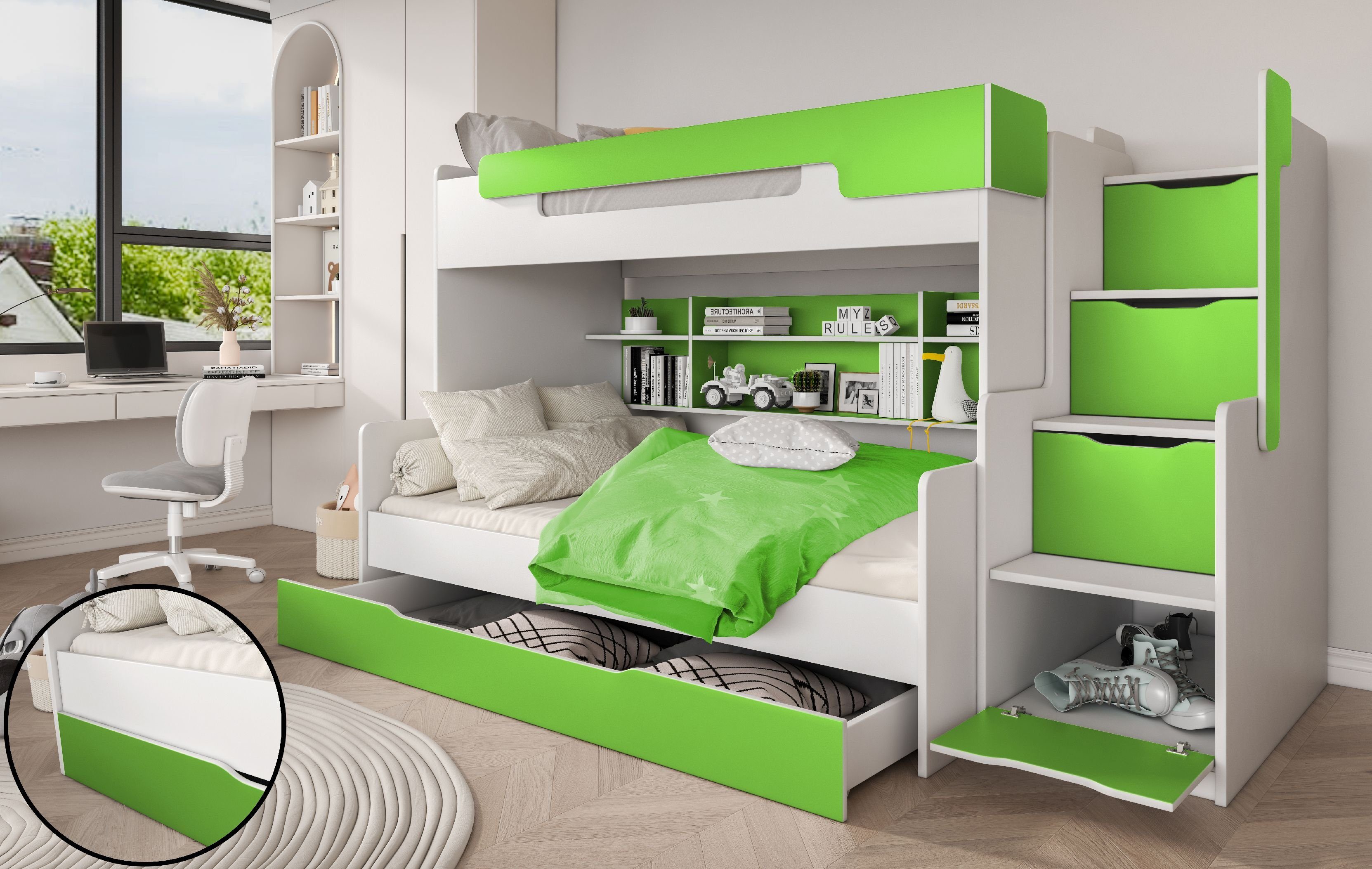 Möbel-Zeit Etagenbett Harry mit Stauraum-Treppe & Regal-System