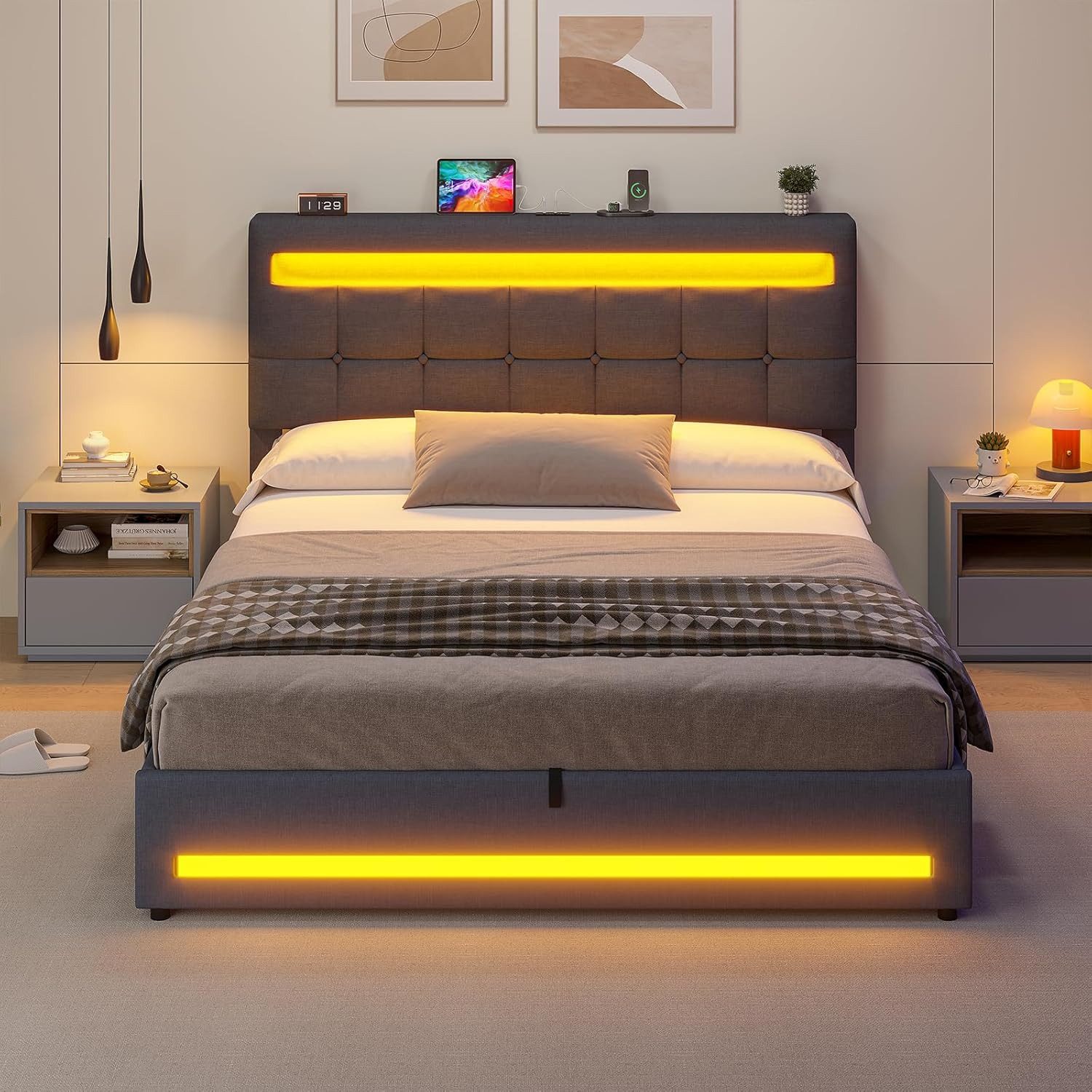 MSMASK Polsterbett Jugendbett mit LED Beleuchtung und Ladestation, Hydraulisches Bett (Ohne Matratze), mit Höhenverstellbares Kopfteil und Stauraum – Bild 5 von 5