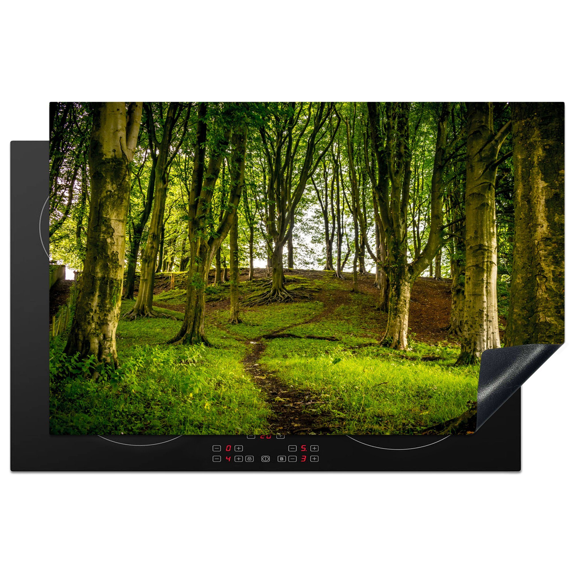 MuchoWow Herdblende-/Abdeckplatte Dunkelbrauner Pfad durch den Wald, Vinyl, (1 tlg), 81x52 cm, Induktionskochfeld Schutz für die küche, Ceranfeldabdeckung | Herdabdeckplatten