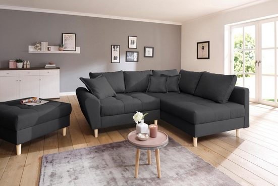 HOME AFFAIRE Ecksofa RICE, Set, mit Hocker, Massivholzfüße - Einrichtungsbeispiel
