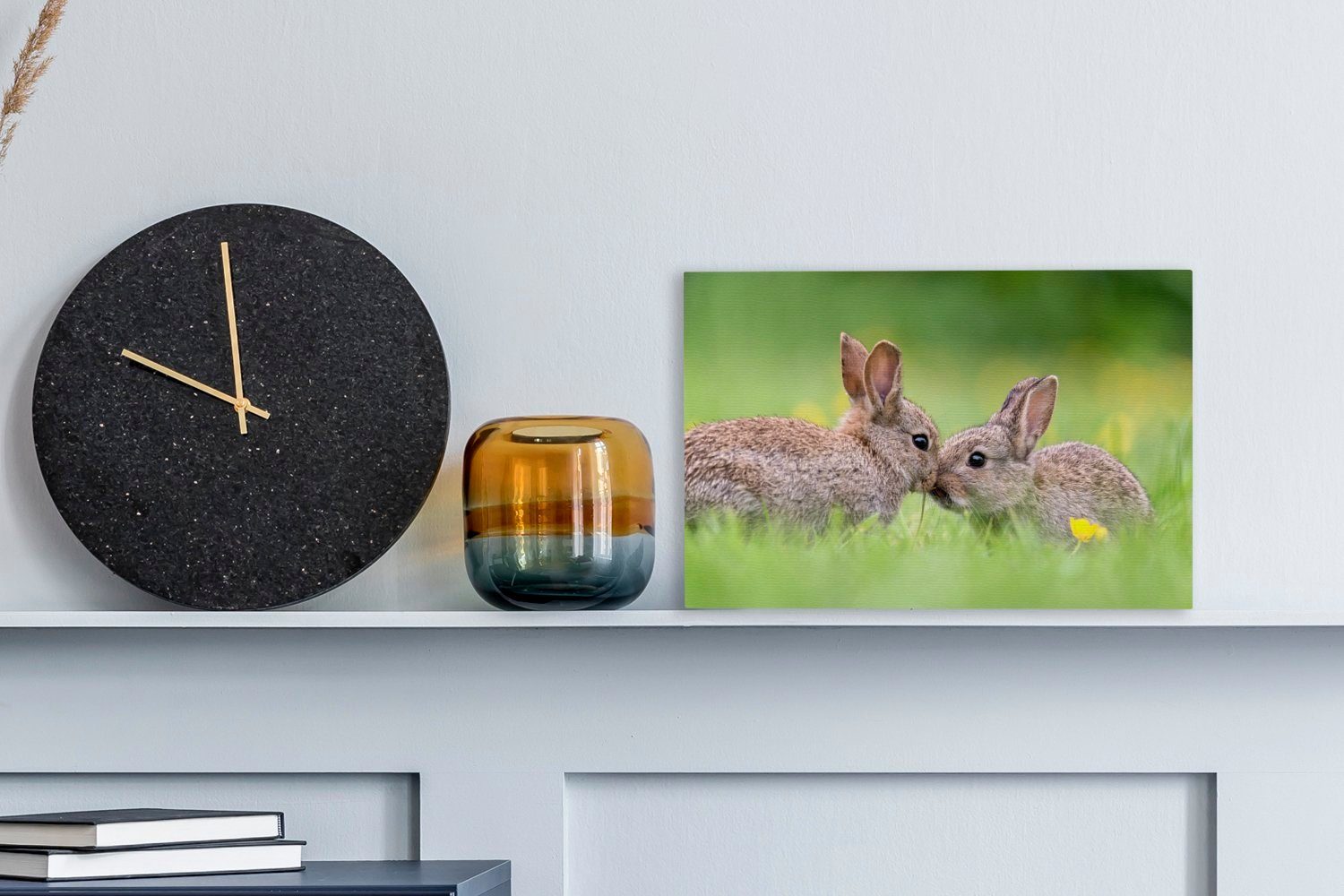 OneMillionCanvasses® Leinwandbild Zwei Kaninchen mit Schnauzen 30x20 Wandbild ihren gegeneinander, Leinwandbilder, St), Aufhängefertig, (1 cm Wanddeko