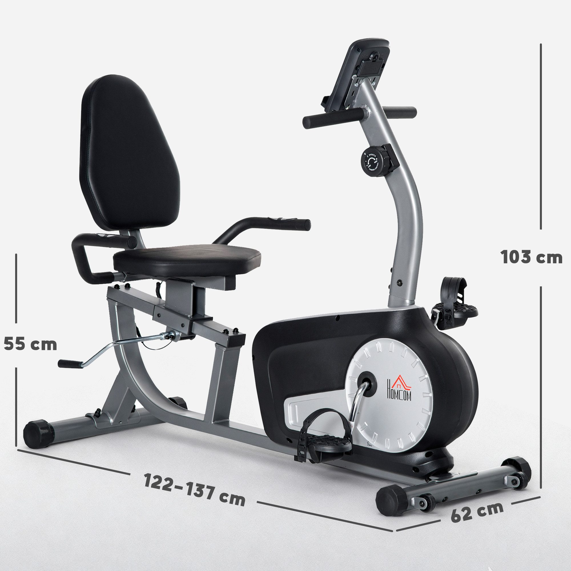 HOMCOM Heimtrainer Fahrradtrainer, 8 stufig einstellbarem Magnetwiderstand (Liege-Heimtrainer, 1-tlg., Radtrainer), BxLxH: 62x103x122-137 cm