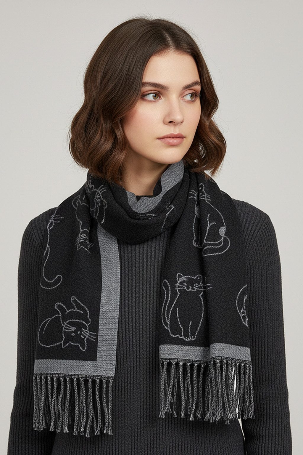 Faera Modeschal Katzenmuster mit Fransen, (1-St), 9433 in Schwarz günstig online kaufen