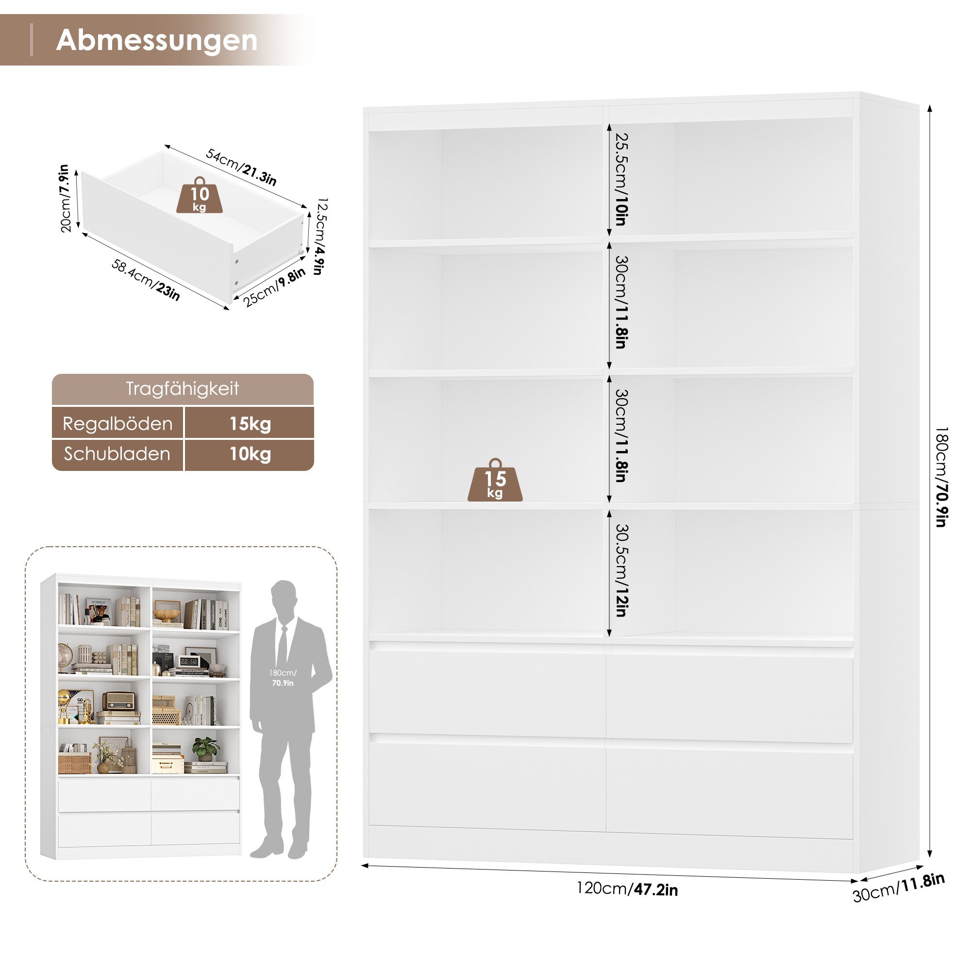 Homfa Bücherregal Hochschrank Standregal Bücherschrank Raumteiler, mit 8 Fächern und 4 Schubladen, 120x30x180cm