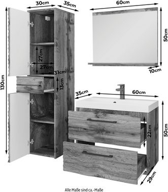 welltime Badmöbel-Set CANADA, (Komplett-Set, 3-St., Fronten mit Wellestruktur), Waschtisch, Waschbecken mit Überlaufgarnitur, Spiegel, Hochschrank