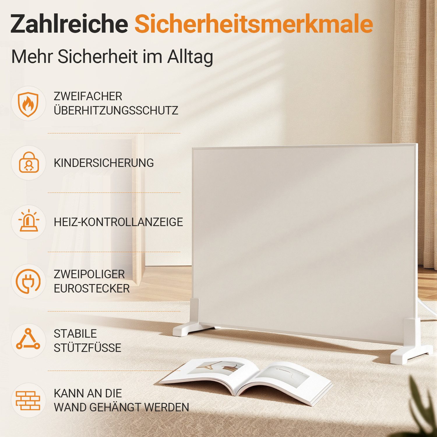 Clanmacy Infrarotheizung Infrarotheizung 960 W mit WLAN, Thermostat, Wandmontage und Standfüßen, Überhitzungsschutz, Einstellbarer Thermostat – Bild 5 von 5
