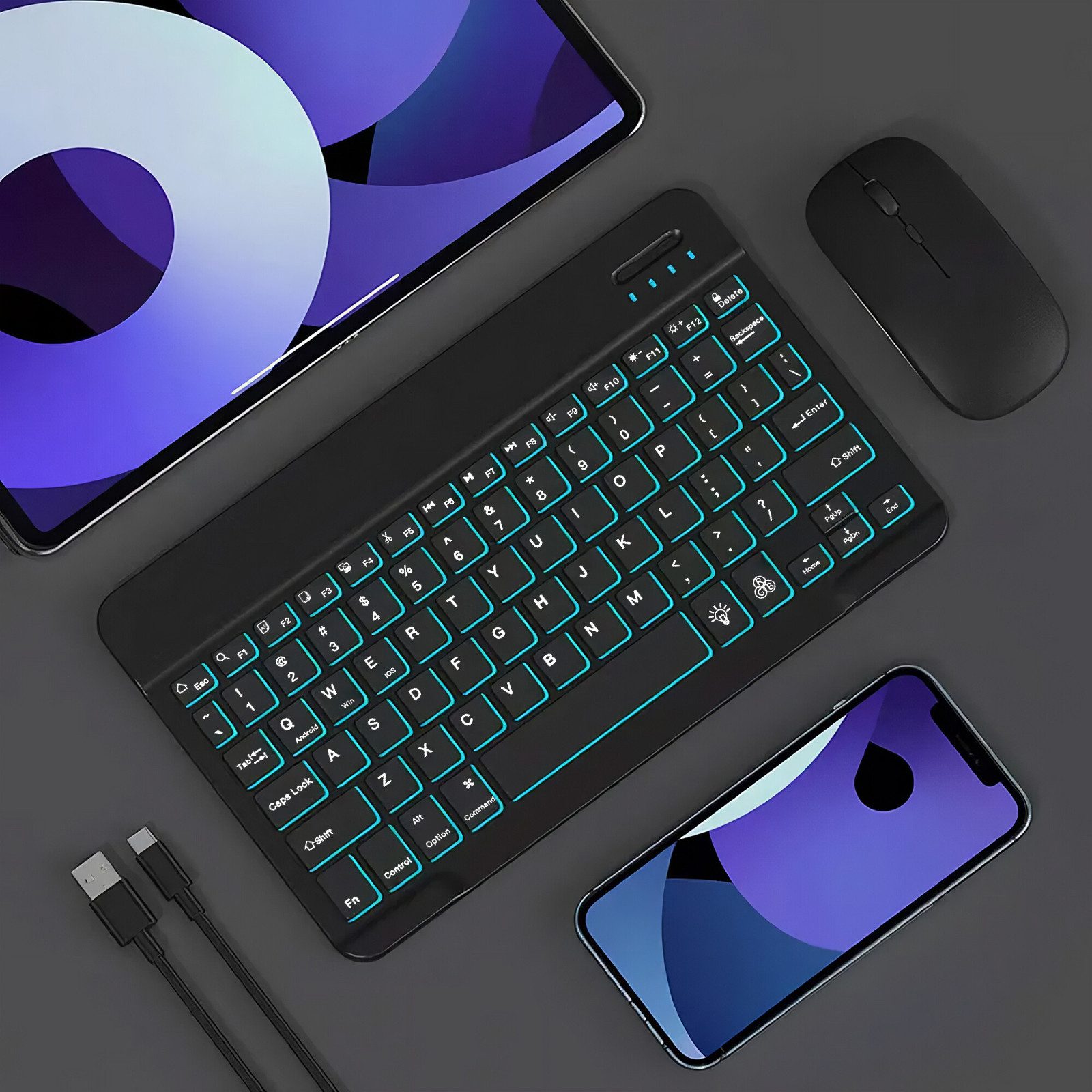BBG RGB Bluetooth Tastatur mit Maus Set, Kabellos, Wiederaufladbar Ultra-Slim-Bluetooth-Tastatur (Leise Beleuchtet, Multi-Device)