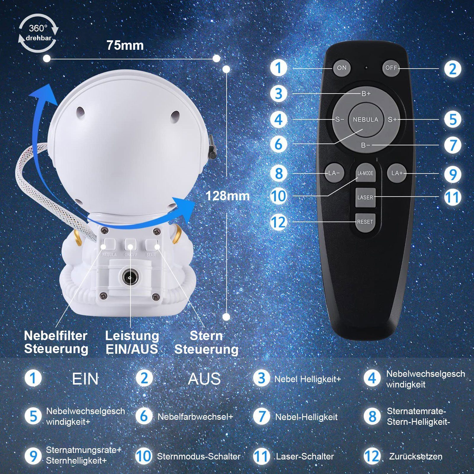 Projektor, Astronaut Stern LED & Nebula Timer Lichtprojektor Mit Lampe Fernbedienung Astronaut Galaxy, Nachtlicht, Nachtlicht mit Sternenhimmel Weiß Stern Sunicol