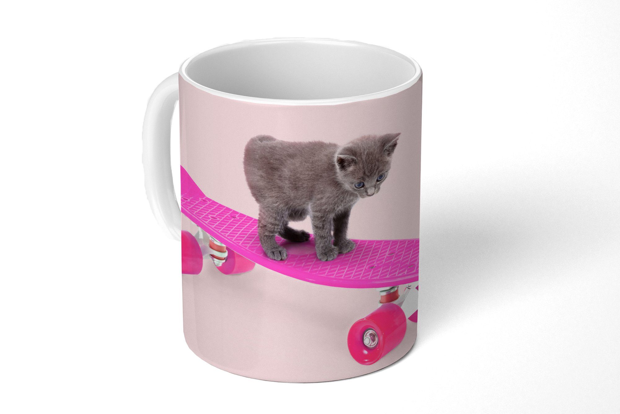 MuchoWow Tasse - Teetasse, - Rosa, Kaffeetassen, Geschenk - Teetasse, Kätzchen Becher, Skateboard Katze - Keramik, Tiere