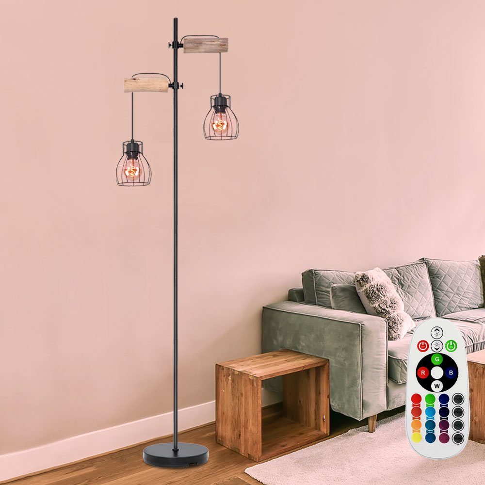 etc-shop LED Stehlampe, Leuchtmittel inklusive, Warmweiß, Farbwechsel, Vintage Steh Lampe Fernbedienung Käfig Holz Stand Leuchte