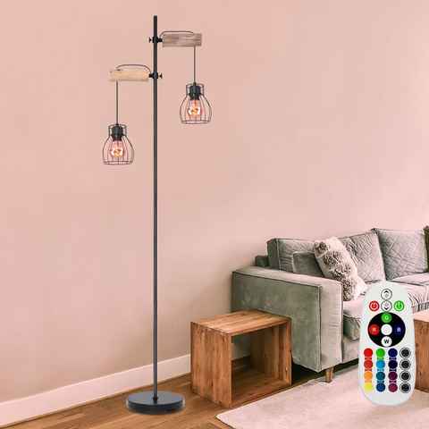 etc-shop LED Stehlampe, Leuchtmittel inklusive, Warmweiß, Farbwechsel, Vintage Steh Lampe Fernbedienung Käfig Holz Stand Leuchte