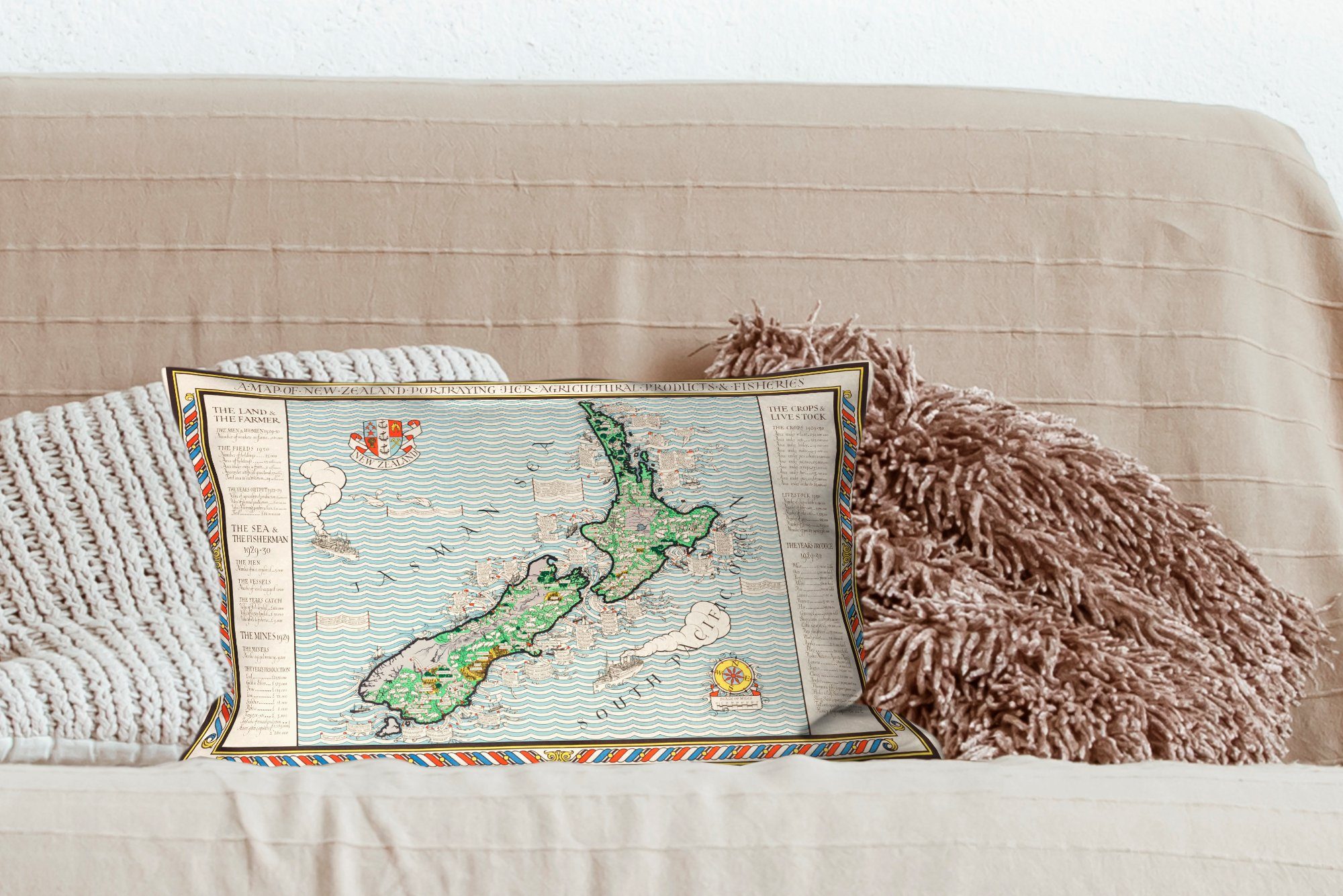 Dekokissen Schlafzimmer - MuchoWow Dekoration, Dekokissen Zierkissen, Karte Füllung, Vintage, Neuseeland - mit Wohzimmer