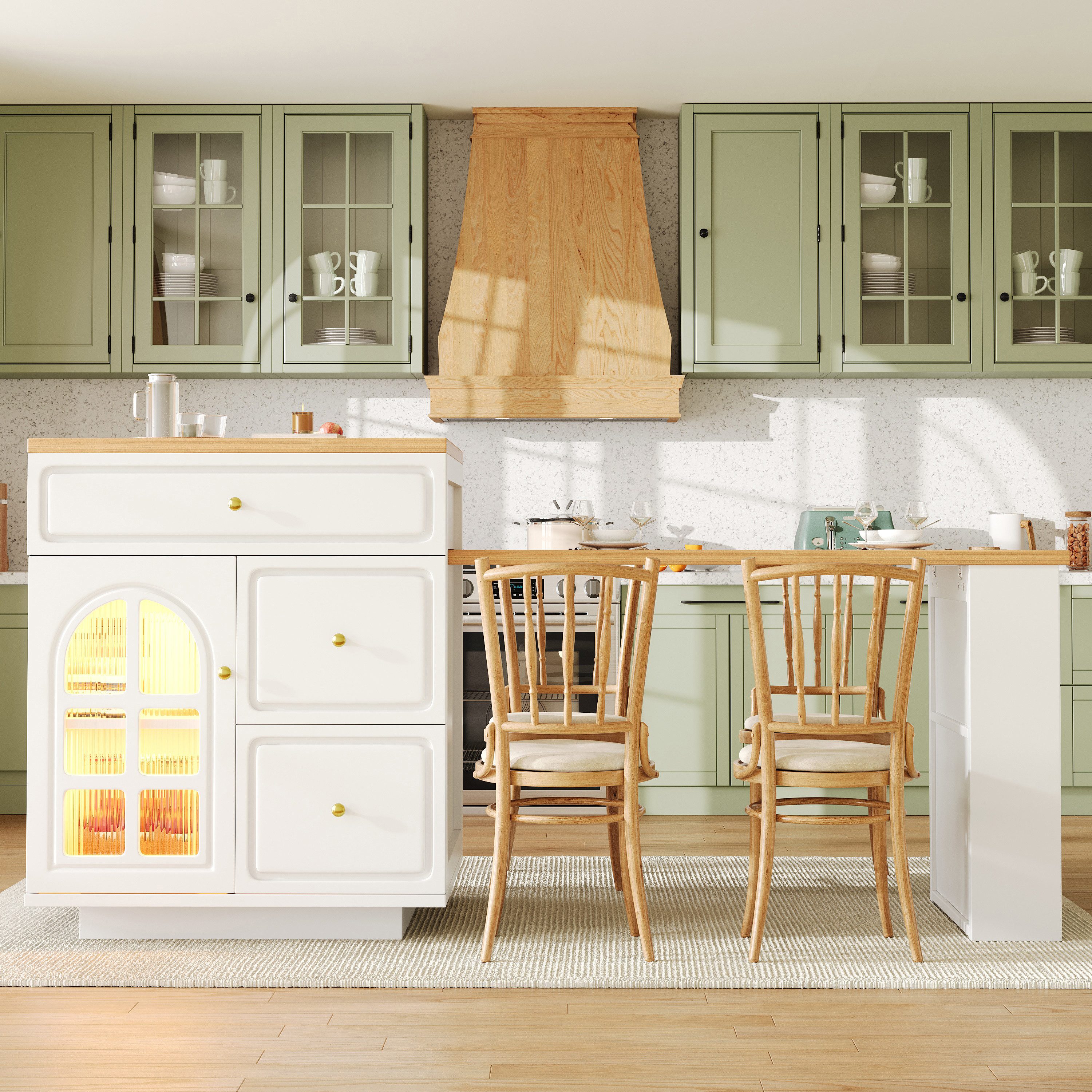 Flieks Kücheninsel mit ausziehbarer Esstisch, LED- Beleuchtung, 4 Schubladen & Glastüren, (122,5-195,5cm Länge verstellbar), Küchenschrank mit erweiterbarer Tisch, Vielseitige Thekeninsel Weiß