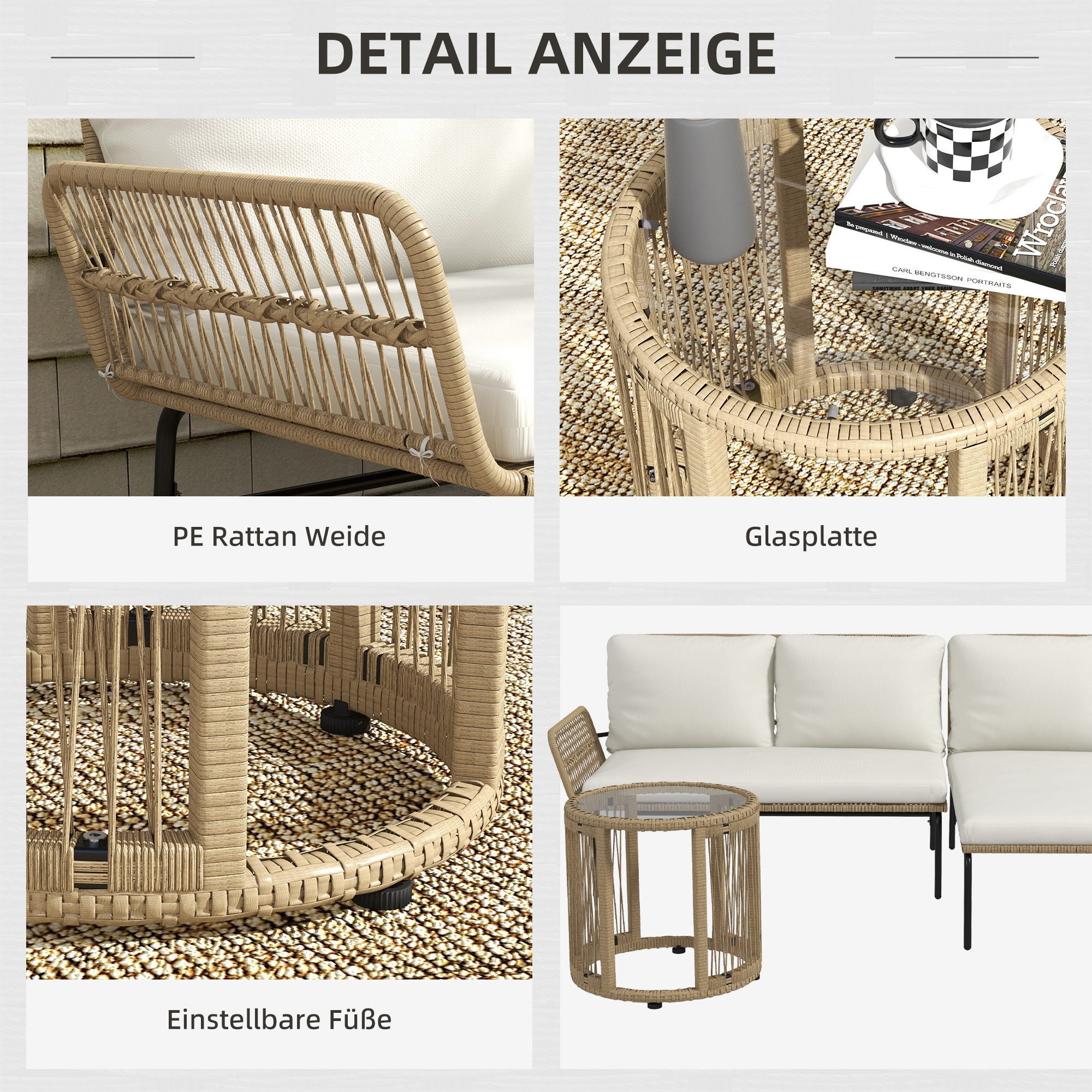 CHICFURN Sitzgruppe Rattan Gartenmöbel-Set mit Zweisitzer, Liegestuhl und Couchtisch, (Set, 3-tlg., Inkl. Cremefarbene Sitzkissen, für Balkon und Terrasse geeignet), Leicht zu pflegen, wetterbeständig, modernes Design, Rattan/Creme