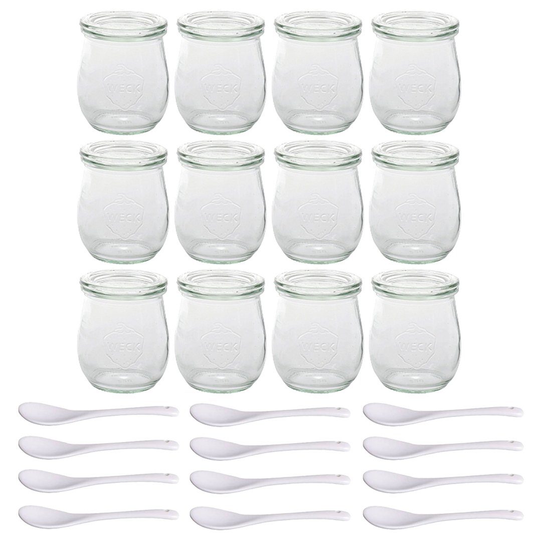 BigDean Geschirr-Set 24er Servierset 12 Weck Gläser mit Deckel 220ml + 12 Porzellan-Löffe (12-tlg), Glas