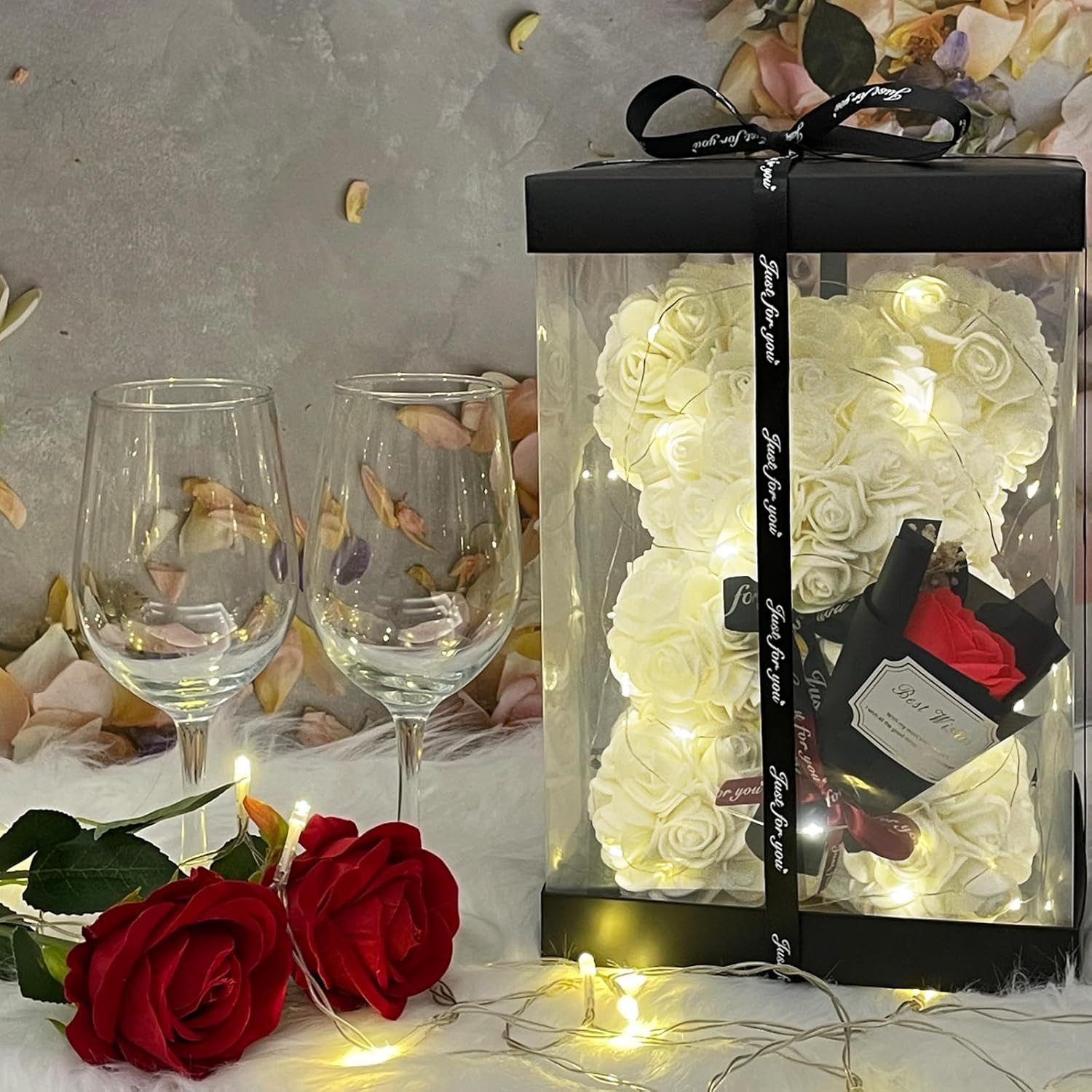 Kunstblumenstrauß Romantischer Rosen-Teddybär Geschenkset mit LED-Licht und einer Halskette aus echten Süßwasserperlen, Valentinstagsgeschenk für Ihre Freundin, Ehefrau, Mutter und andere Frauen, Vivitar, Rosenbär mit Perlen-Überraschungsbox (Blindbox-Perlen-Set)