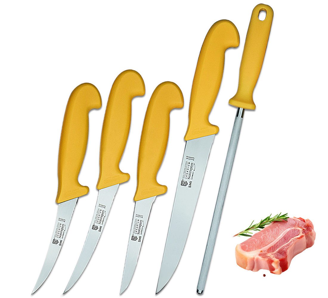 SMI Universalküchenmesser Metzgermesserset Solingen Fleischermesser Ausbeinmesser Wetzstahl, 5 tlg