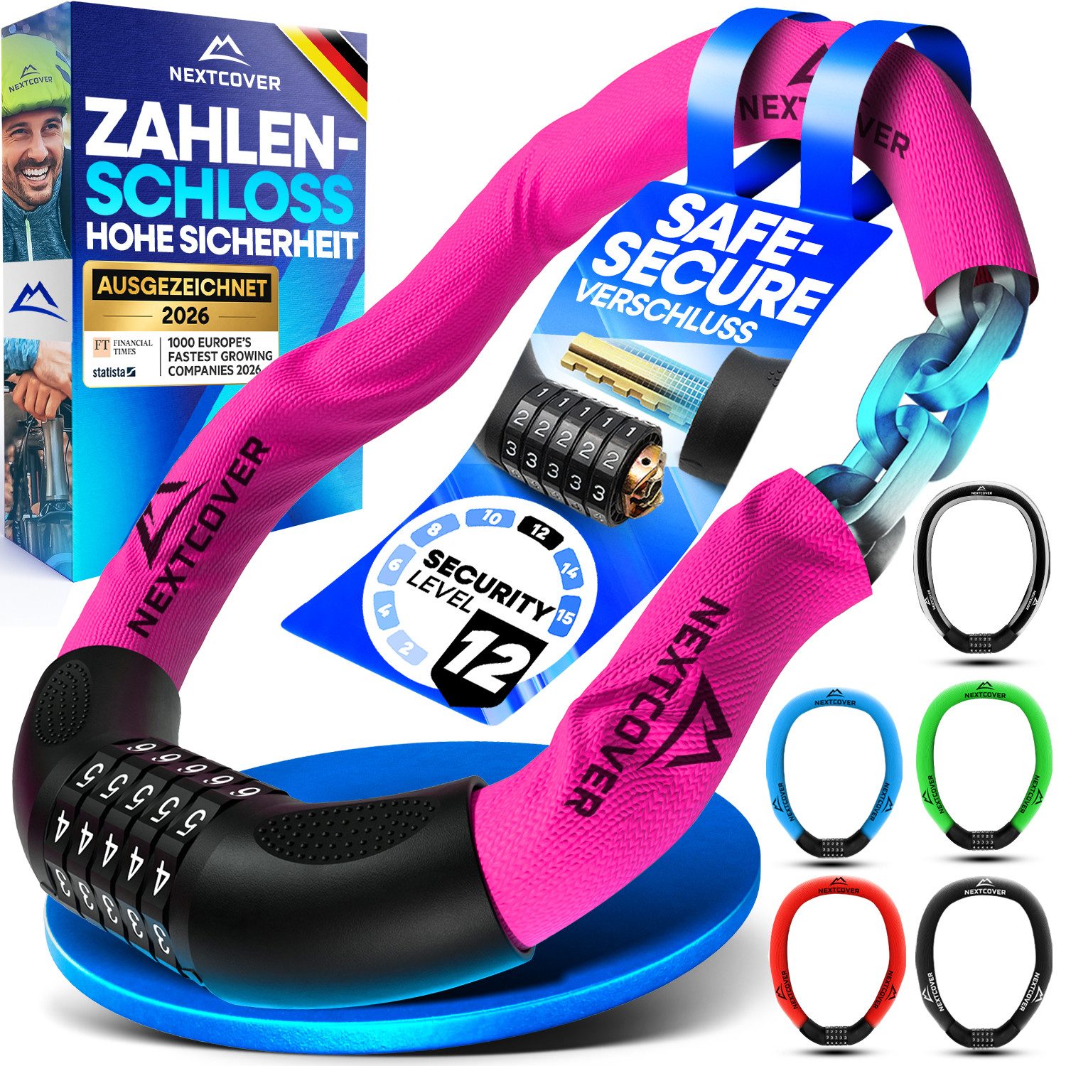Nextcover Kettenschloss Fahrradschloss mit Zahlencode - Sicherheitsverschluss