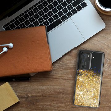 EAZY CASE Handyhülle Liquid Glittery Case für Huawei P40 Pro 6,58 Zoll, Durchsichtig Back Case Handy Softcase Silikonhülle Glitzer Cover Gold