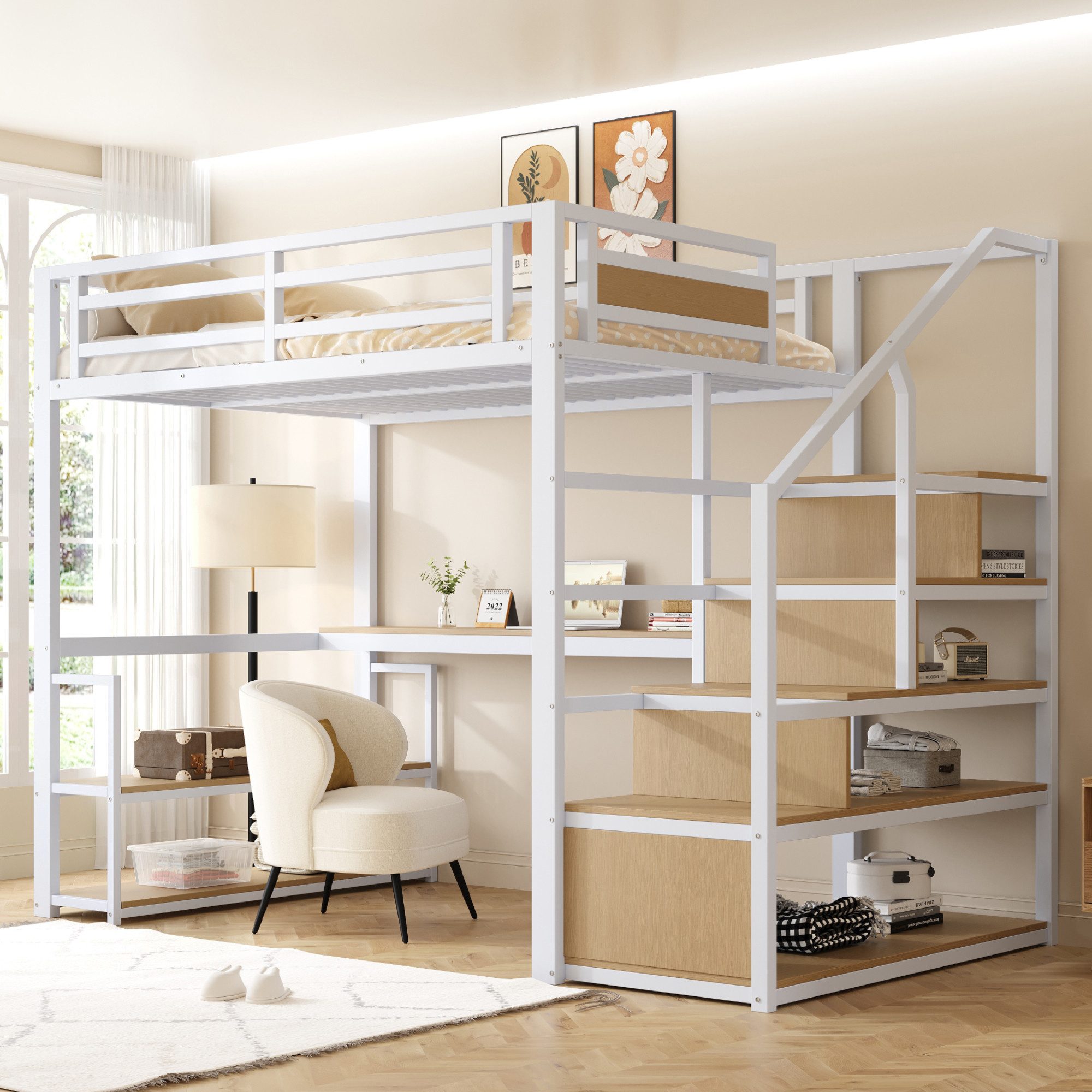 Odikalo Hochbett Metallbett 90x200 140x200 mit Stauraum,LED (Hochbett, 90 x 200 cm, Eisenrahmen, Ablagefach, integrierte Stufen, Schutzgeländer, Leiter, mit LED-Lichtleiste, offener Stauraum unter dem Bett, Matratze nicht im Lieferumfang enthalten)