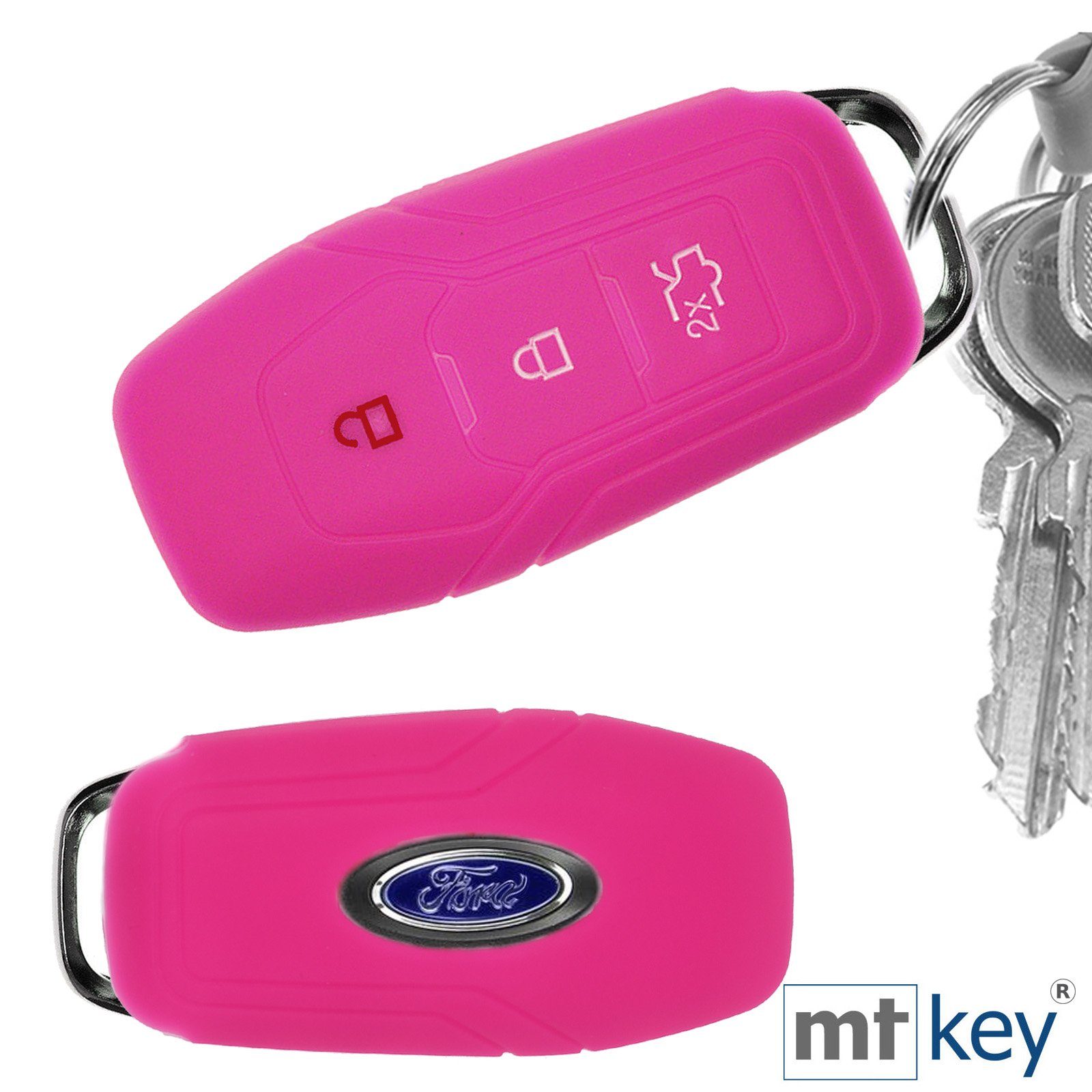 mt-key Schlüsseltasche Autoschlüssel Softcase Silikon Schutzhülle Pink, für Ford Mustang Mondeo V Turnier Fiesta Focus Galaxy Kuga 3 Tasten