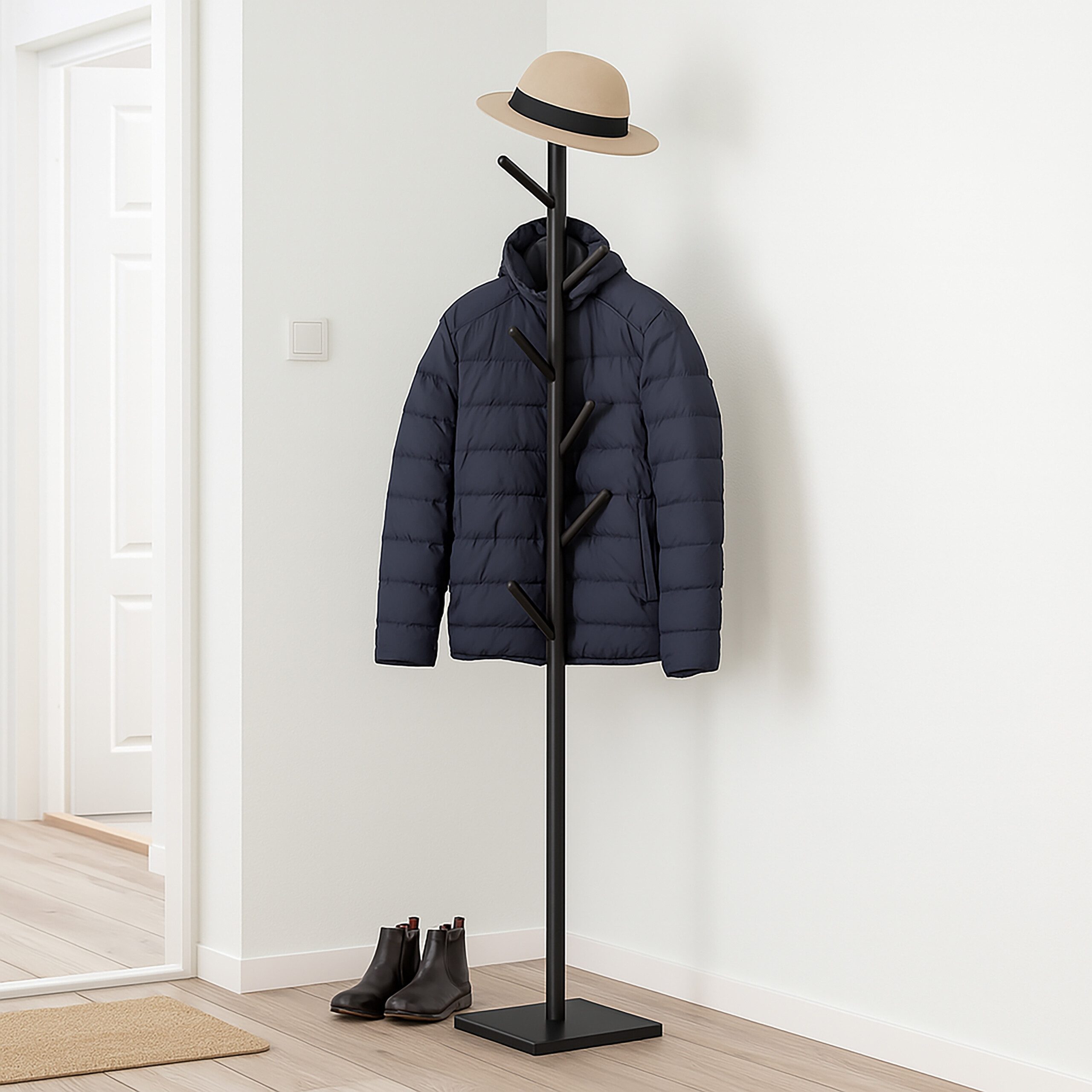 relaxdays Garderobenständer Holz 8 Hake, Cappuccinobeige