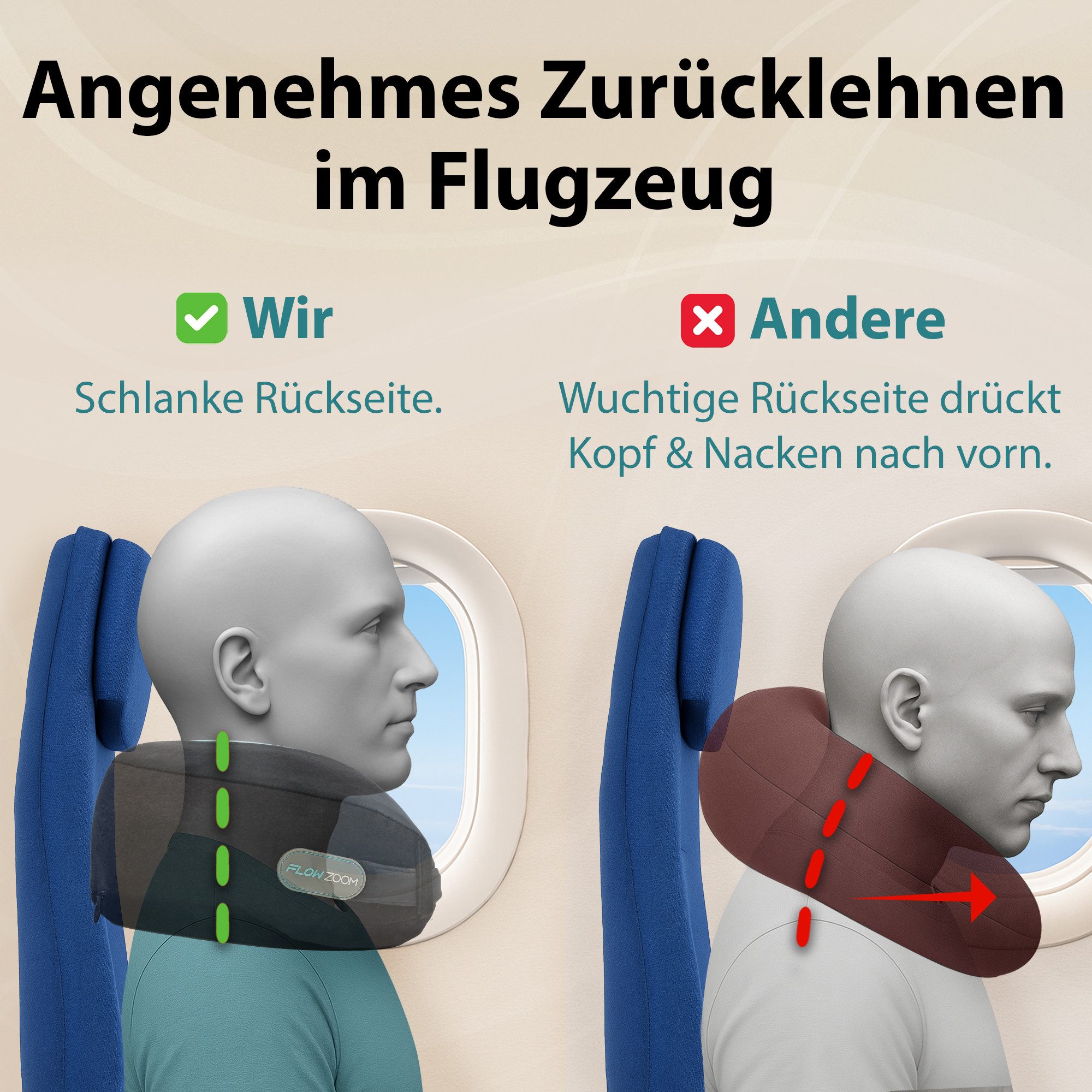 FLOWZOOM Nackenhörnchen DREAM - Nackenkissen Flugzeug - Memory-foam für lange, schmale Hälse, Nackenkissen Reisen - Nackenhörnchen für Erwachsene - Memoryschaum – Bild 4 von 5