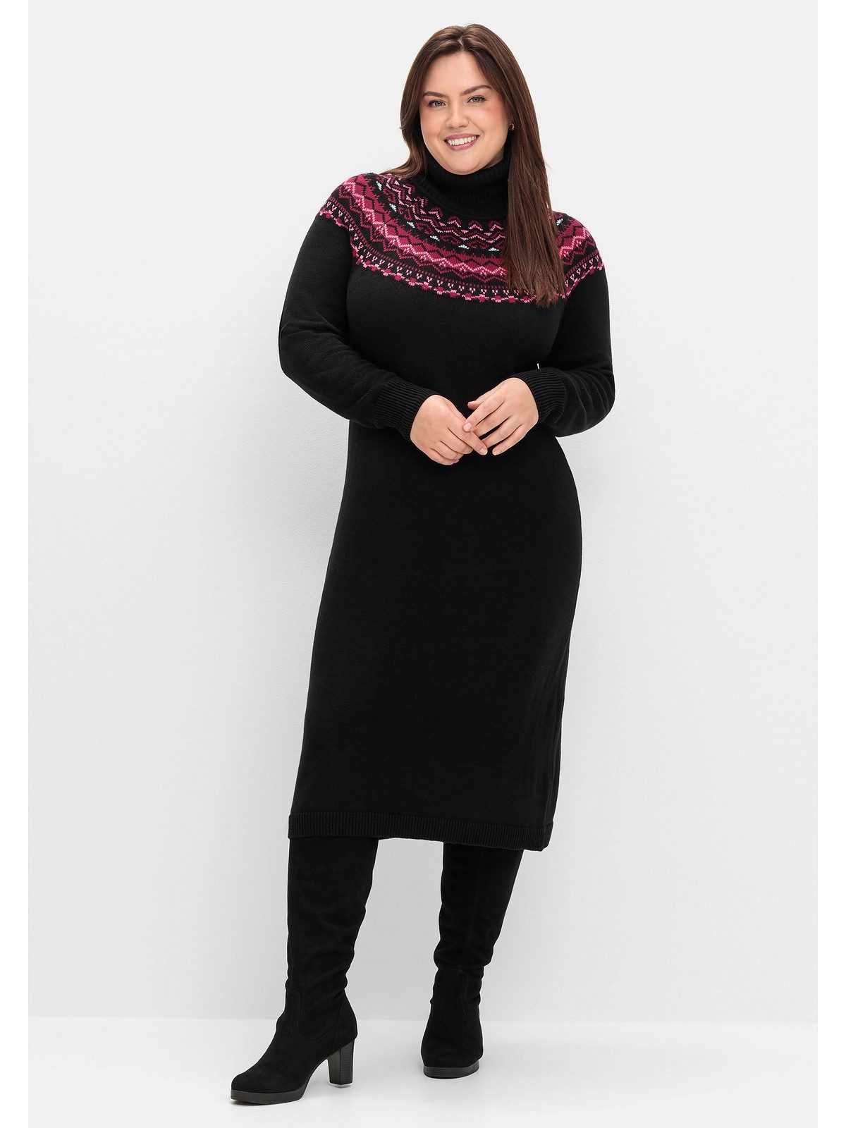 Sheego Strickkleid Große Größen mit Rollkragen und Norwegermuster