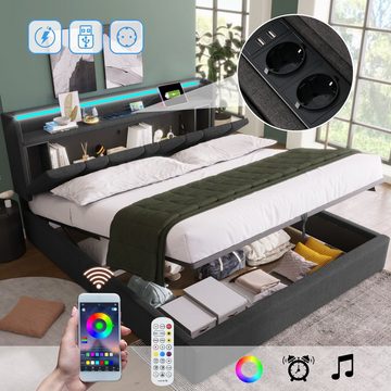 REDOM Polsterbett Doppelbett mit aufladen USB Ladefunktion (Stauraumbetten Bettgestell, Stauraum-Kopfteil und LED-Beleuchtung), Lattenrost aus Holz, 140 x 200 cm ohne Matratze