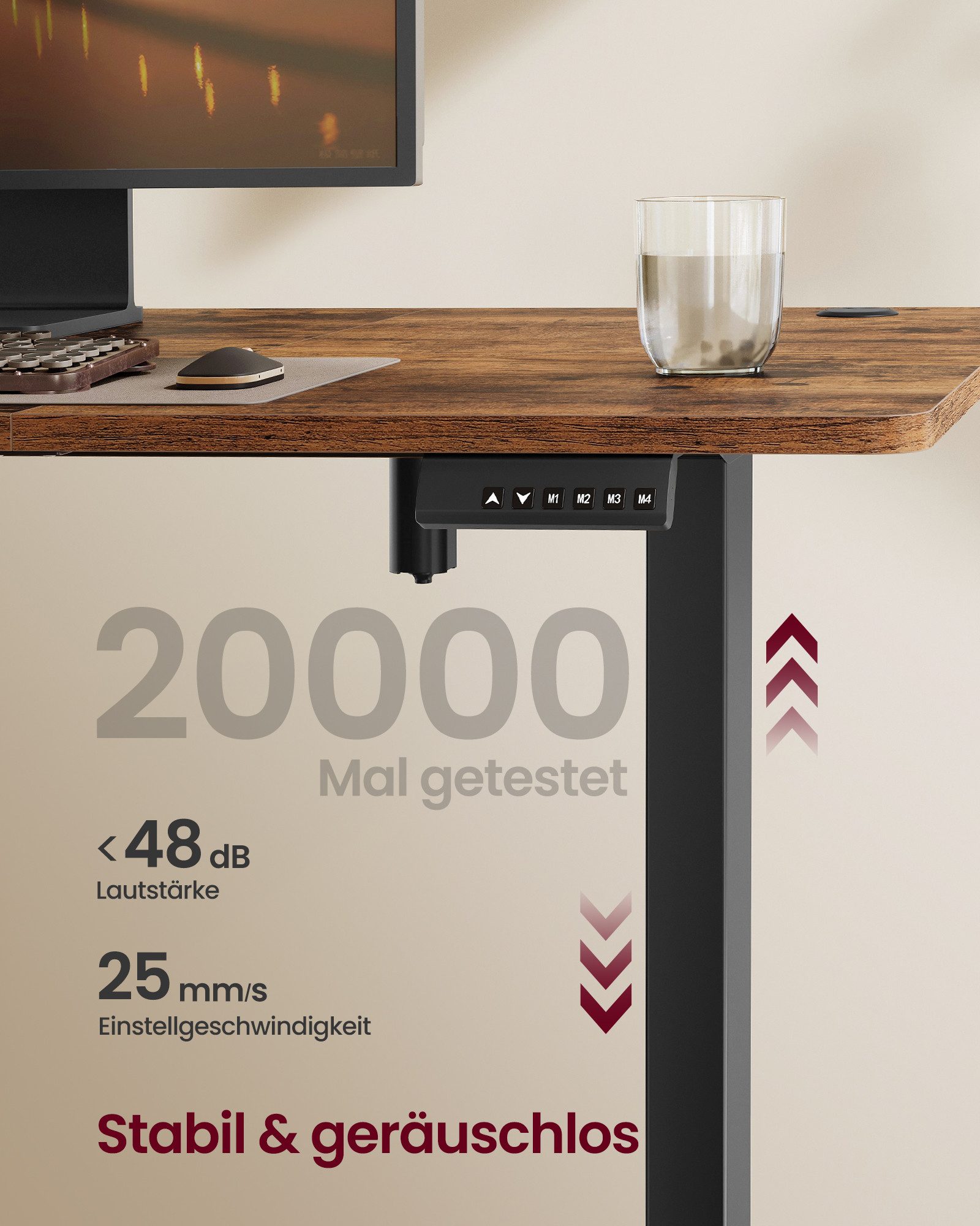 SONGMICS Schreibtisch Höhenverstellbarer elektrisch, 100/120/140/160/180 cm, USB-C-Anschluss, Memory-Funktion für 4 Höhen, mit Stoff-Organizer