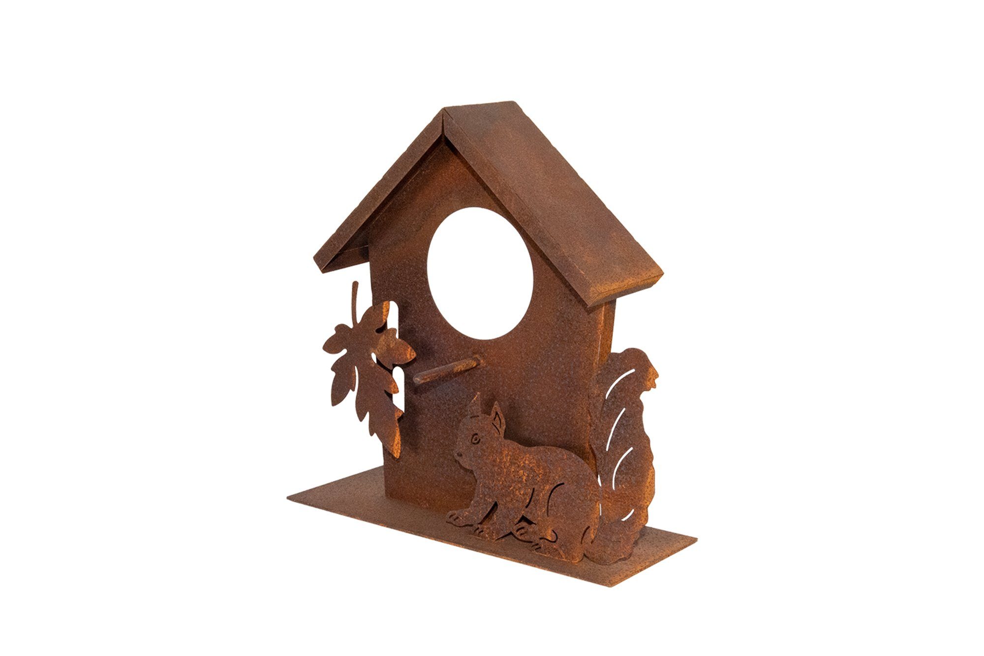 Dewoga Edelrost-Metalldesign Vogelhaus Vogelhäuschen mit Eichhörnchen, ca. 25 x 10 x 25 cm