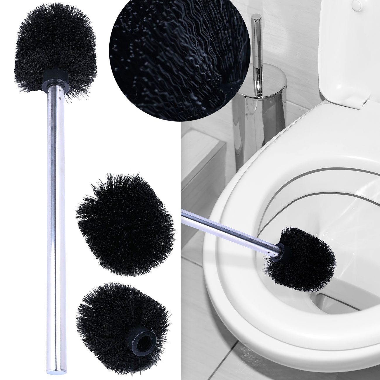 Casativo WC-Reinigungsbürste WC-Bürste aus Edelstahl, Klobürste inkl. 3 Bürstenköpfen Ø 8cm, (3-tlg., 1er-Set (3 St) & 2er-Set (6 St), WC-Bürste Edelstahl Inkl. 3 schwarzen Bürstenköpfen (8cm)