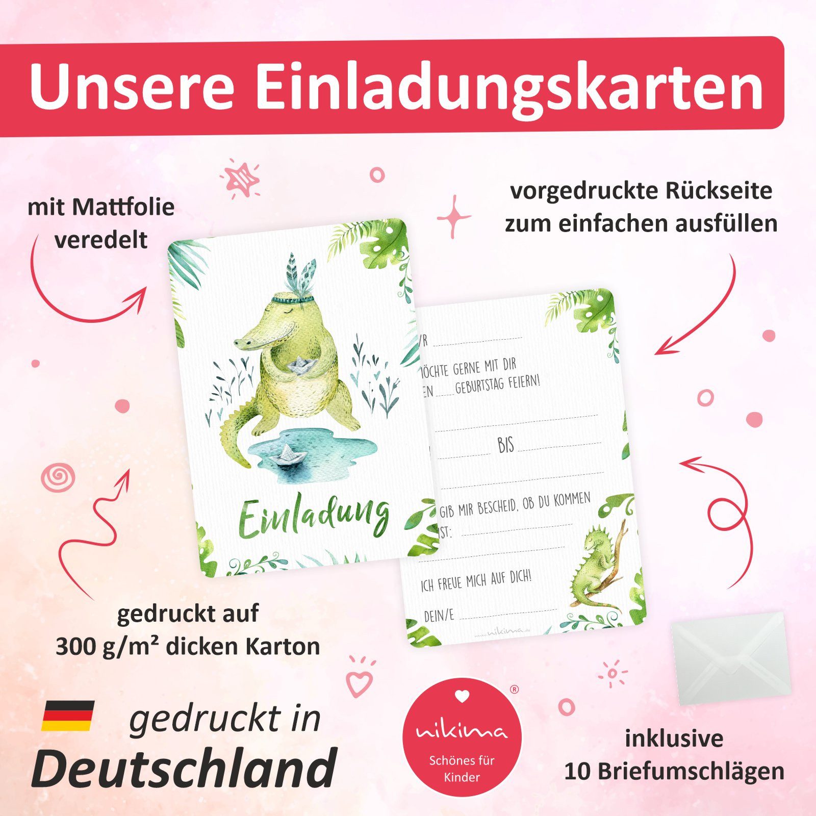 nikima Einladungskarten 10 Einladungskarten Faultier Dschungel grün inkl. 10 Briefumschlägen